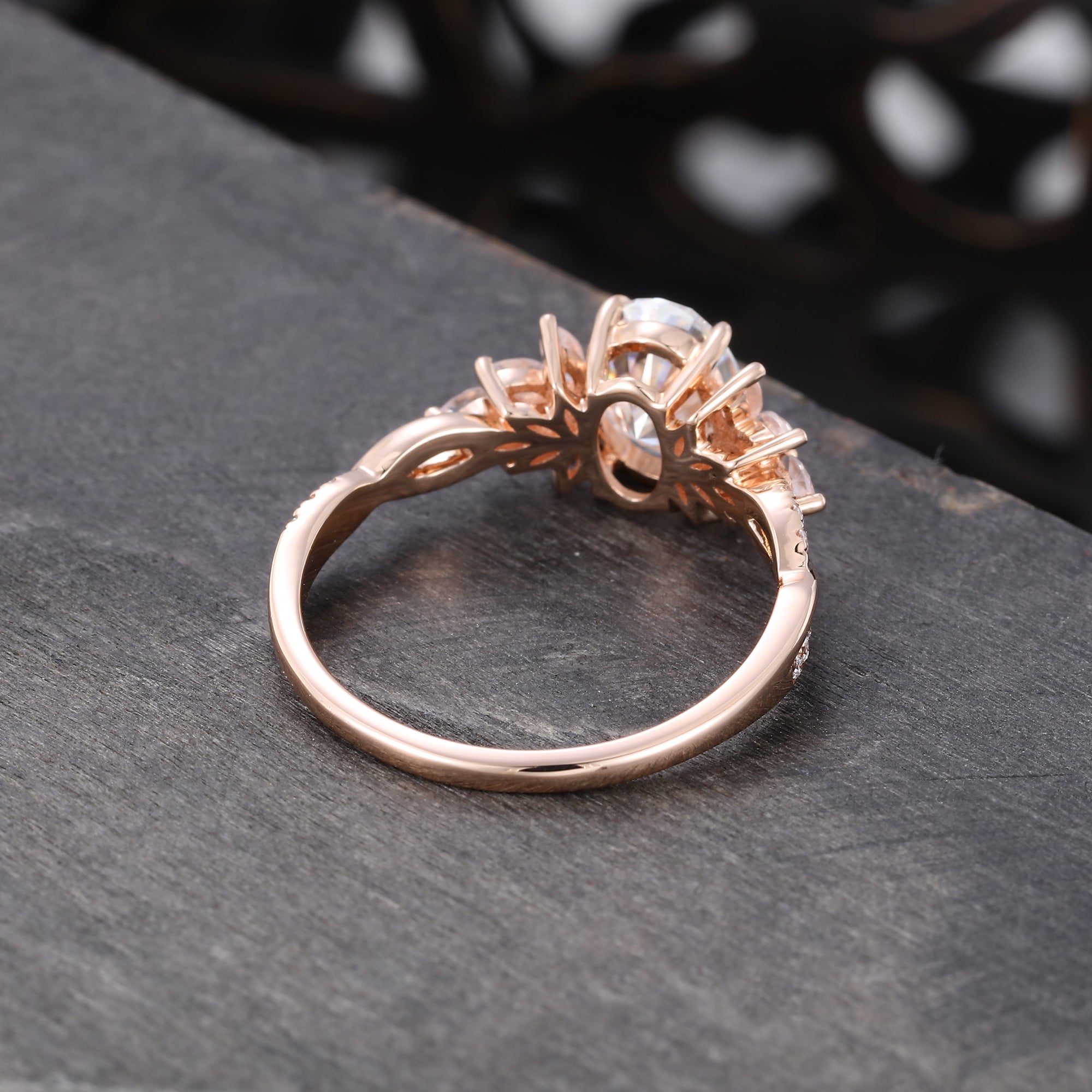 Oval Cut Moissanite Engagement Ring With Unique Crossover Shank and Morganite PetalCluster