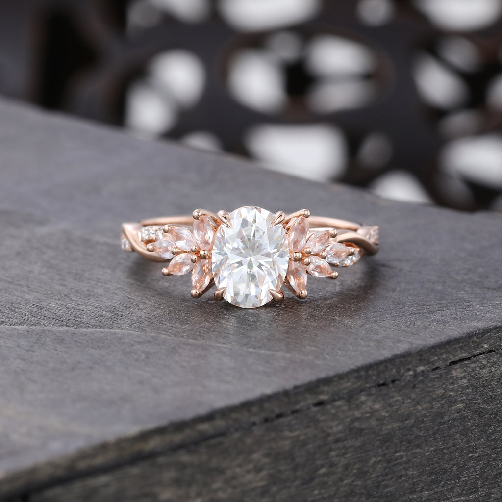 Oval Cut Moissanite Engagement Ring With Unique Crossover Shank and Morganite PetalCluster