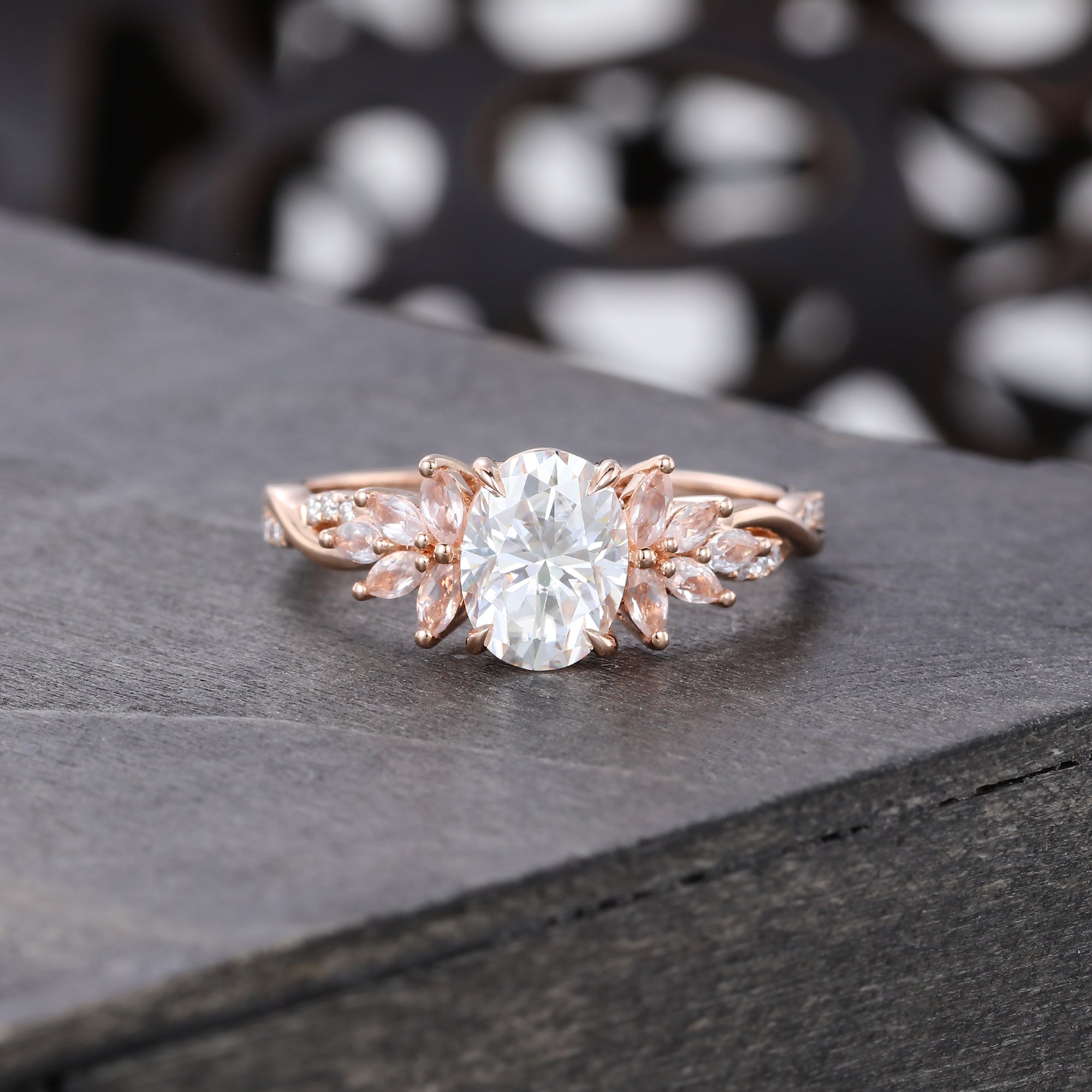 Oval Cut Moissanite Engagement Ring With Unique Crossover Shank and Morganite PetalCluster