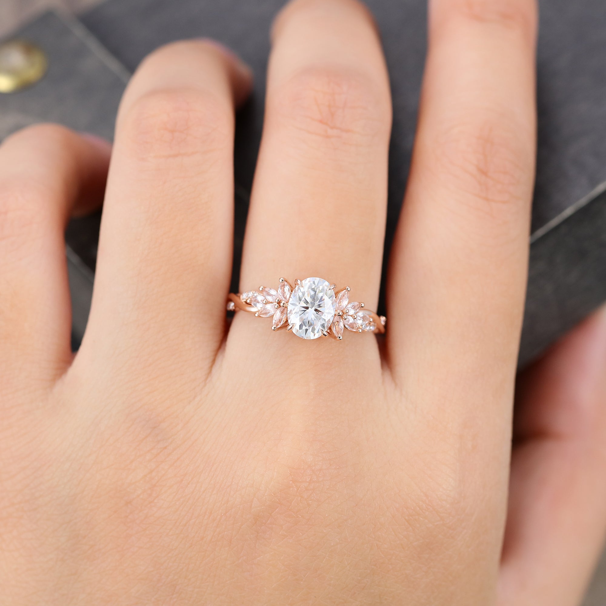 Oval Cut Moissanite Engagement Ring With Unique Crossover Shank and Morganite PetalCluster