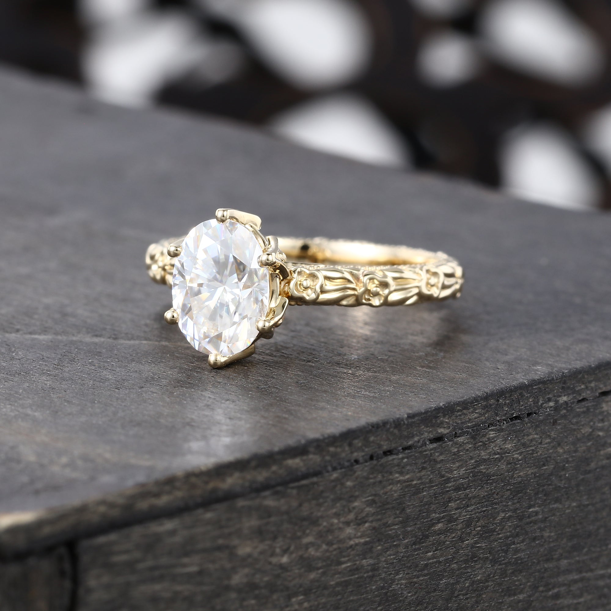Oval Cut Moissanite Hidden Halo Pave Engagement Ring with Floral Band