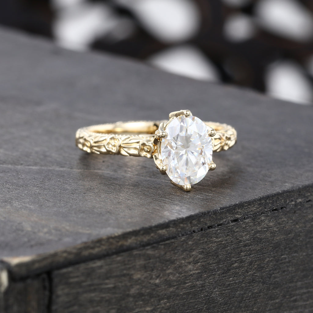Oval Cut Moissanite Hidden Halo Pave Engagement Ring with Floral Band