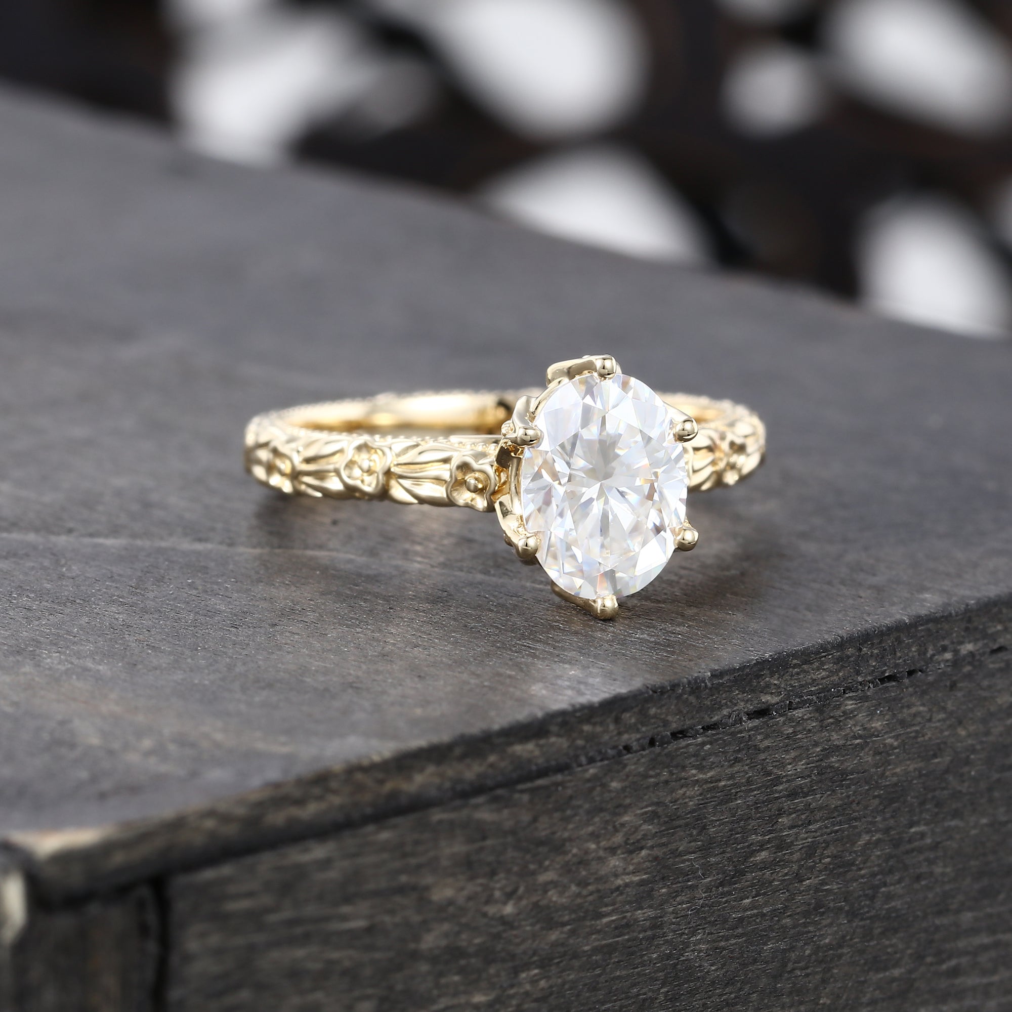 Oval Cut Moissanite Hidden Halo Pave Engagement Ring with Floral Band