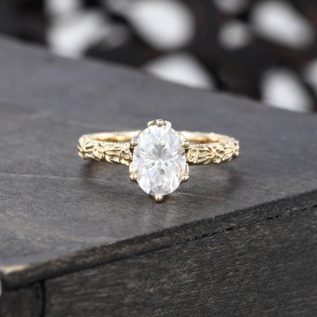 Oval Cut Moissanite Hidden Halo Pave Engagement Ring with Floral Band