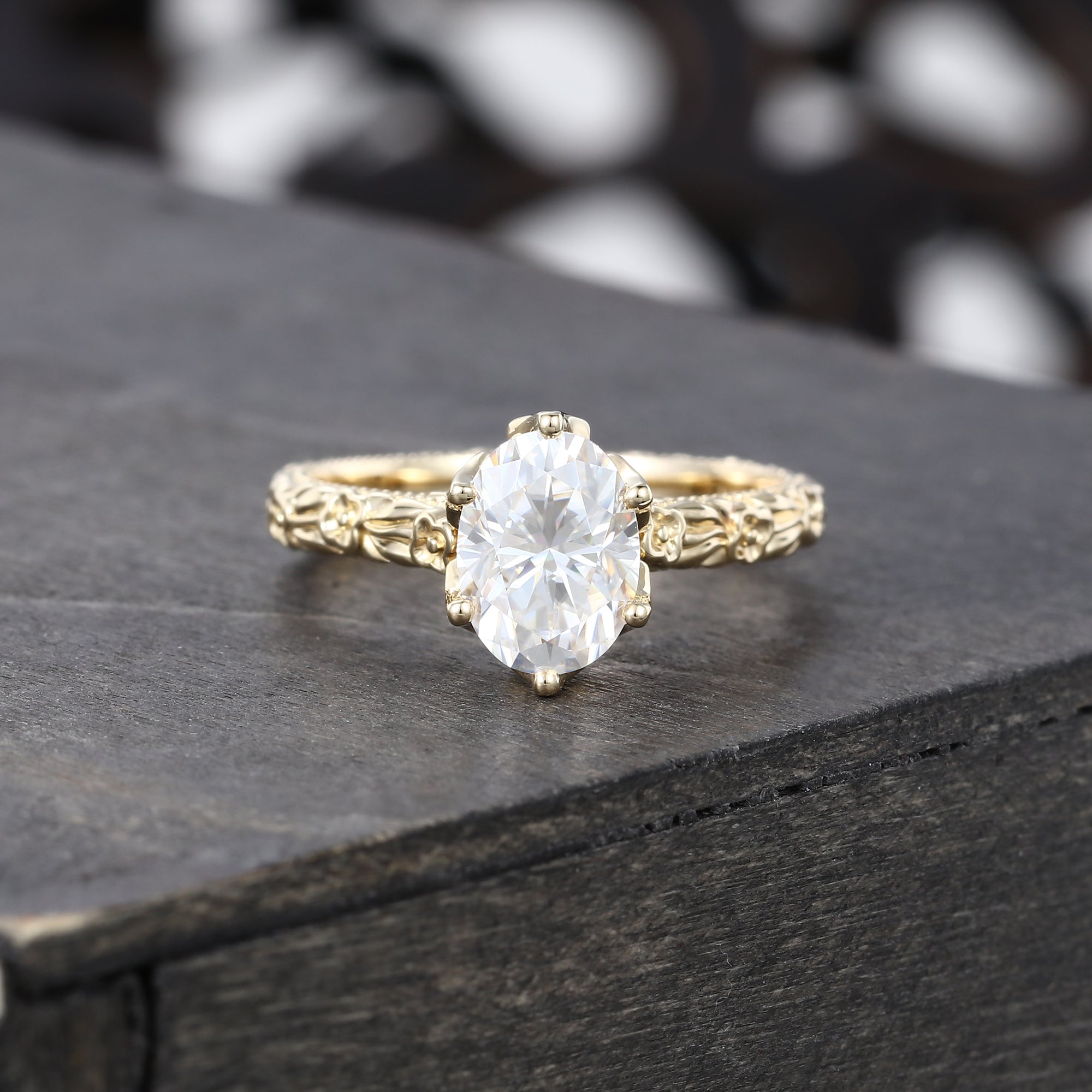 Oval Cut Moissanite Hidden Halo Pave Engagement Ring with Floral Band
