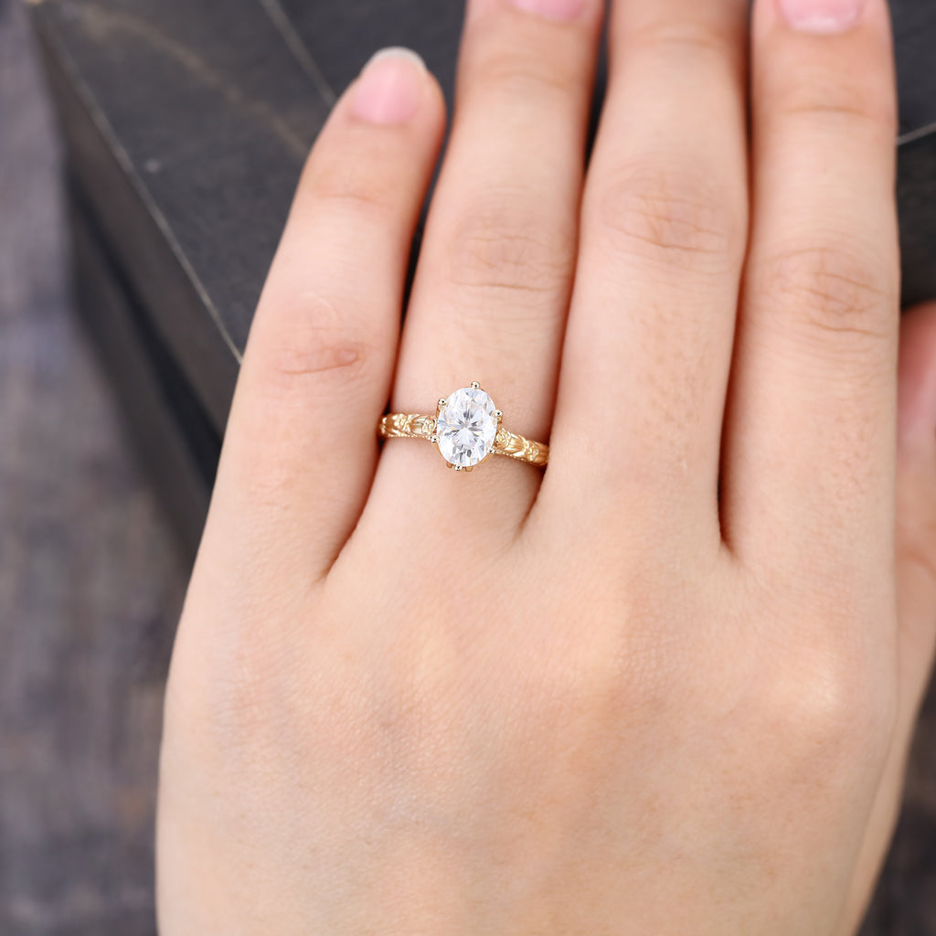 Oval Cut Moissanite Hidden Halo Pave Engagement Ring with Floral Band