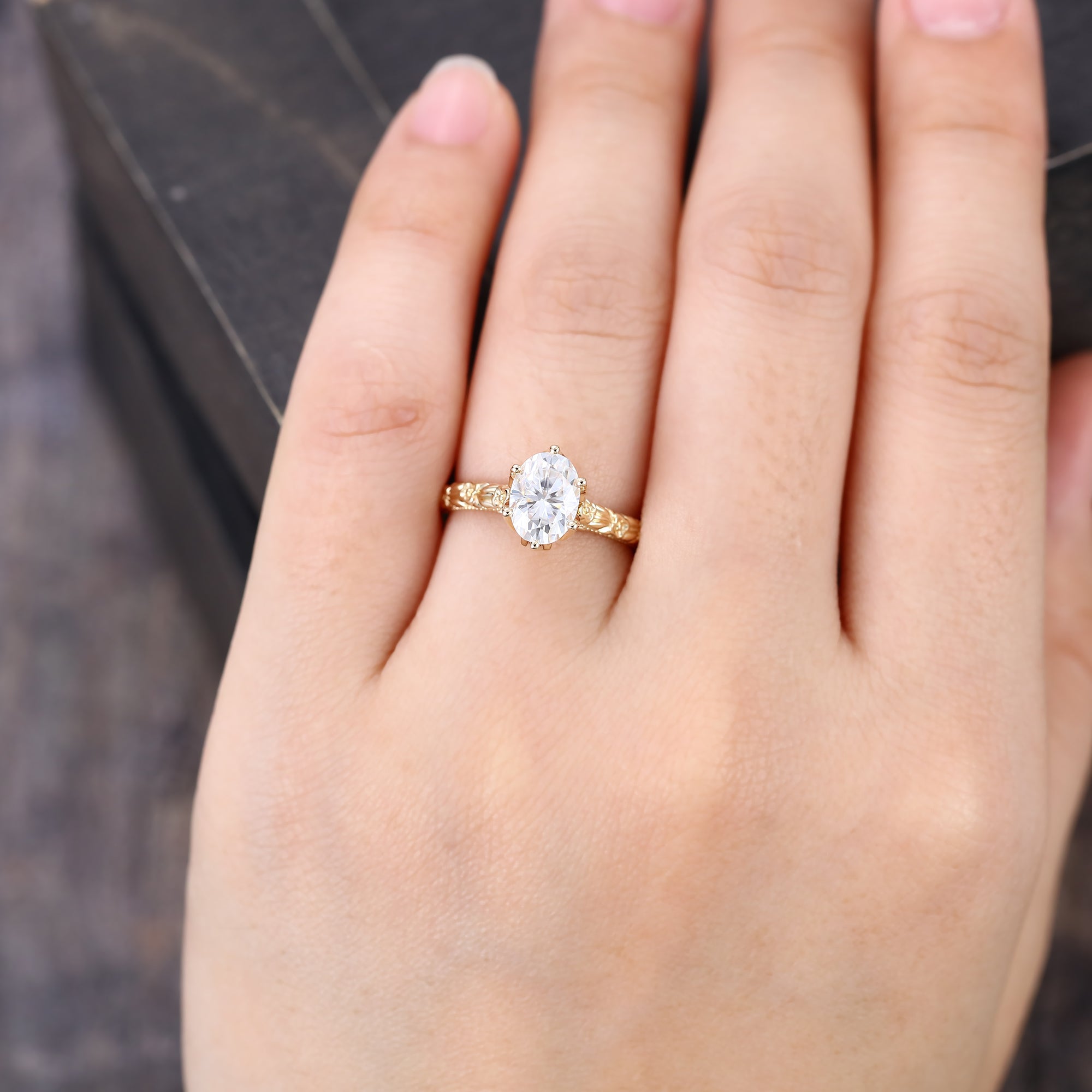 Oval Cut Moissanite Hidden Halo Pave Engagement Ring with Floral Band