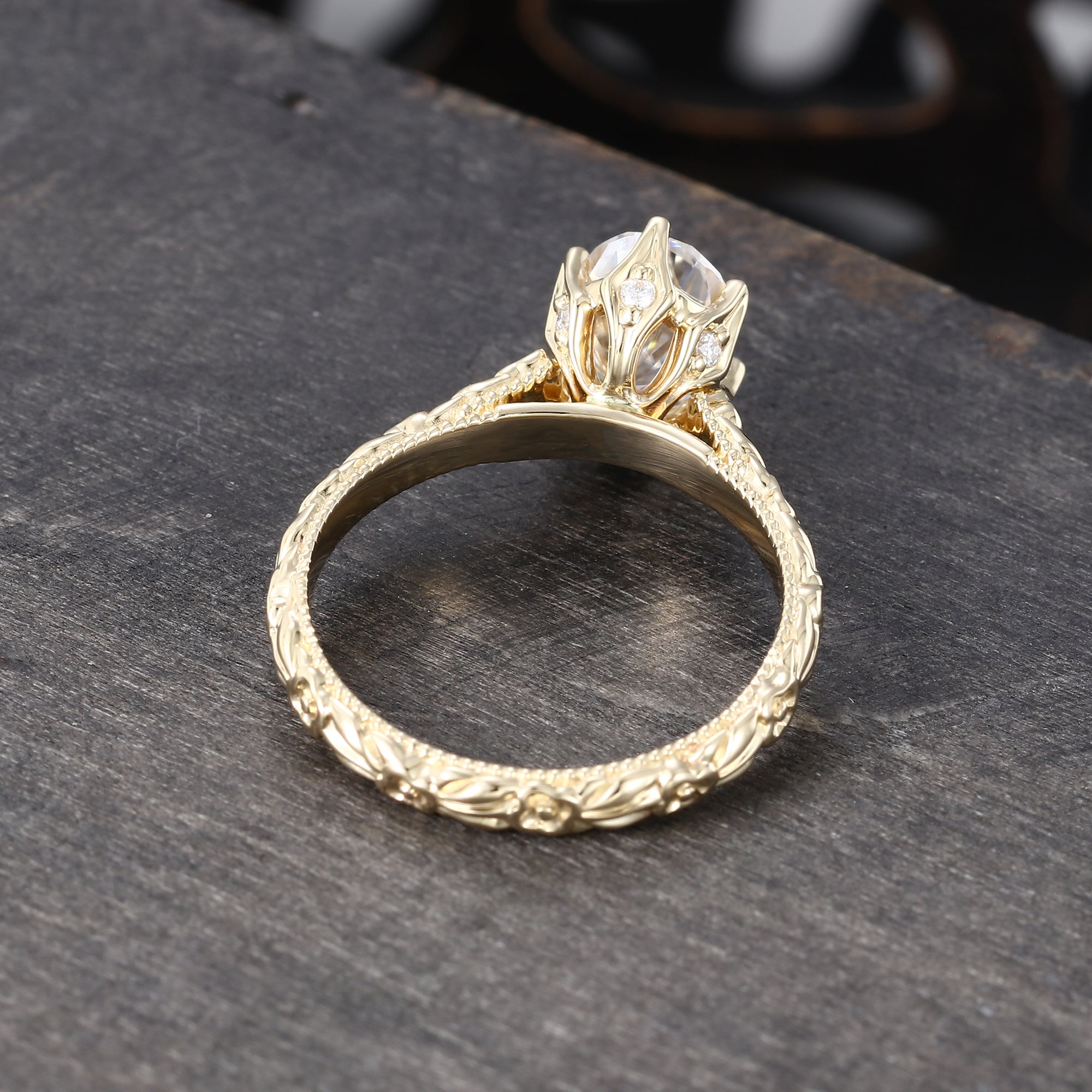 Oval Cut Moissanite Hidden Halo Pave Engagement Ring with Floral Band
