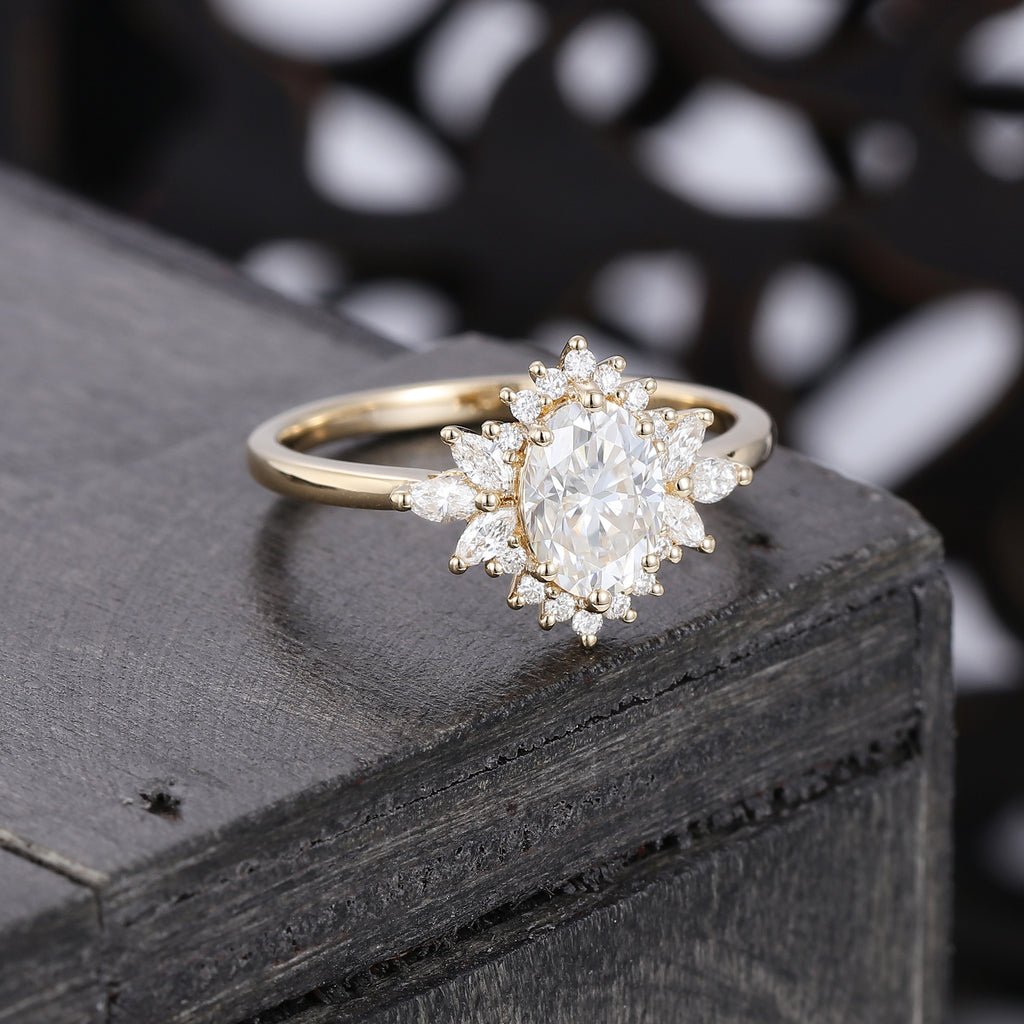 Oval Cut Moissanite Unique Halo Engagement Ring