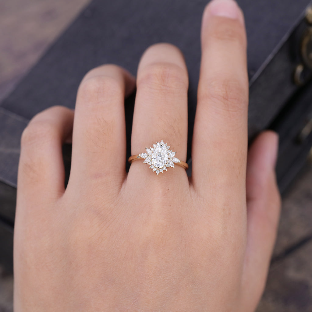 Oval Cut Moissanite Unique Halo Engagement Ring
