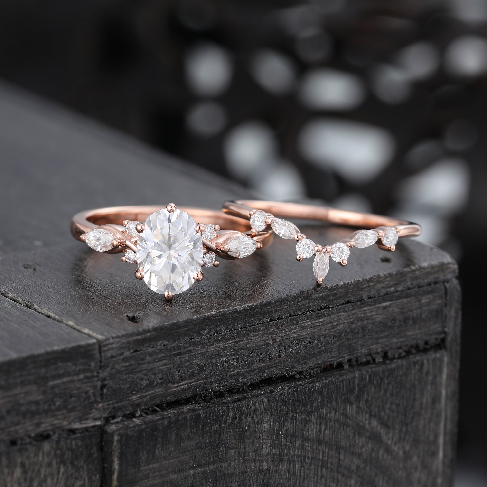 Oval Cut Moissanite Wedding Ring Set Art Deco Bridal Ring Set