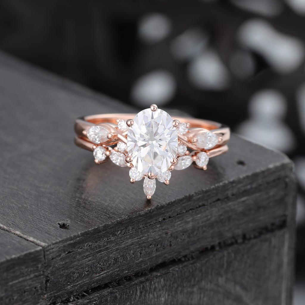 Oval Cut Moissanite Wedding Ring Set Art Deco Bridal Ring Set