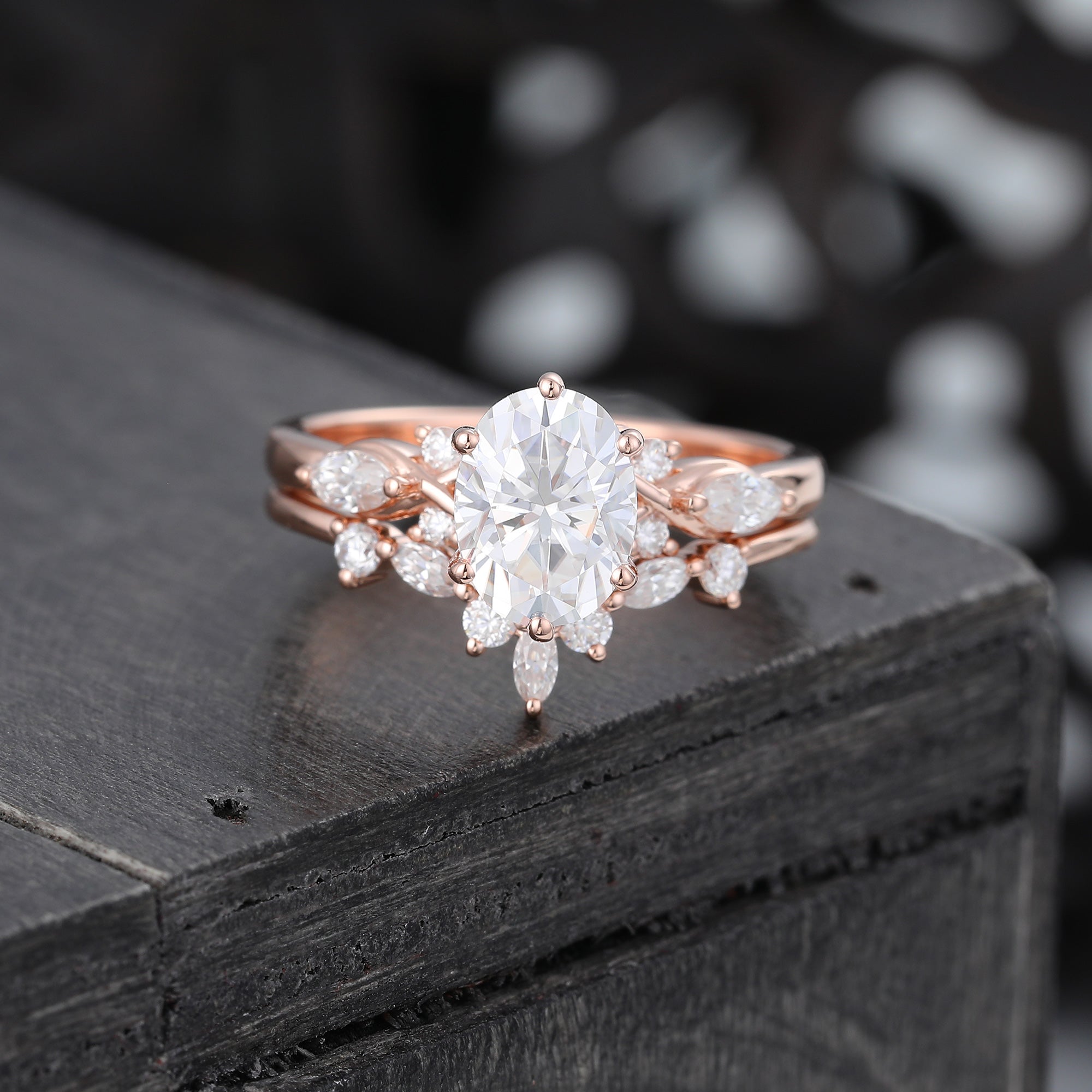 Oval Cut Moissanite Wedding Ring Set Art Deco Bridal Ring Set