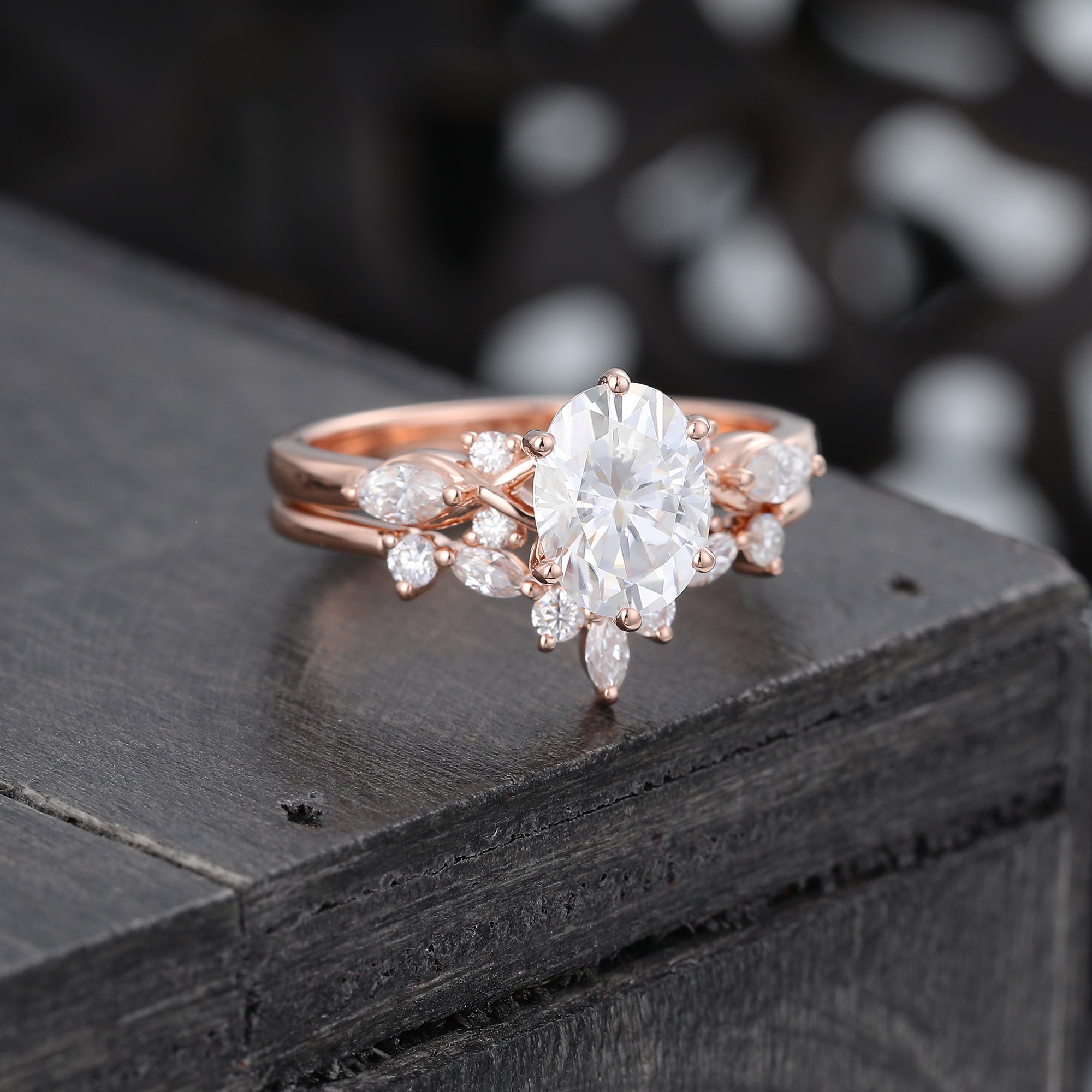 Oval Cut Moissanite Wedding Ring Set Art Deco Bridal Ring Set