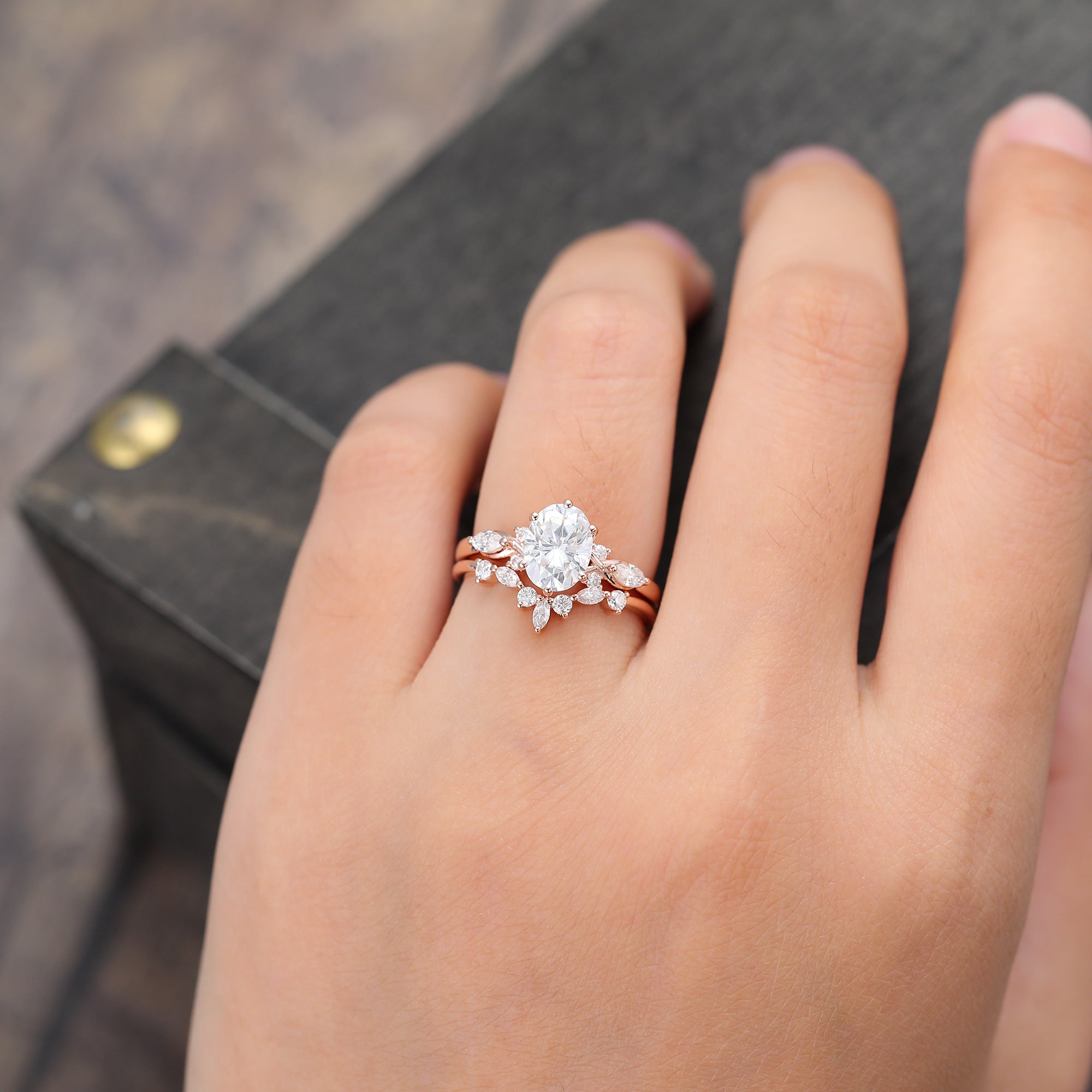 Oval Cut Moissanite Wedding Ring Set Art Deco Bridal Ring Set