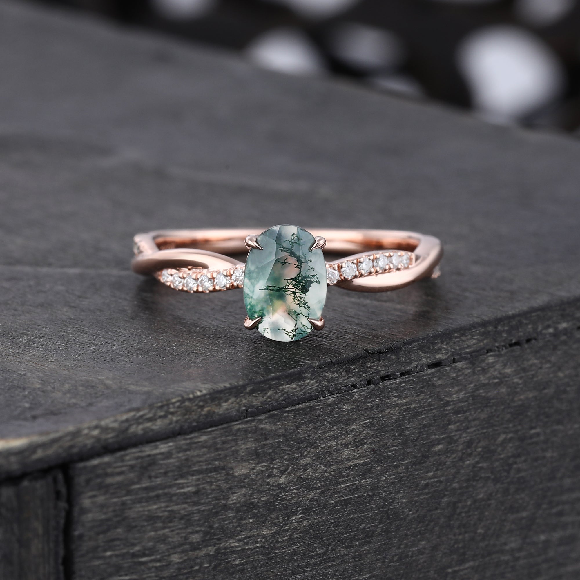 Oval Cut Moss Agate EngagementRing With Unique Crossover Shank