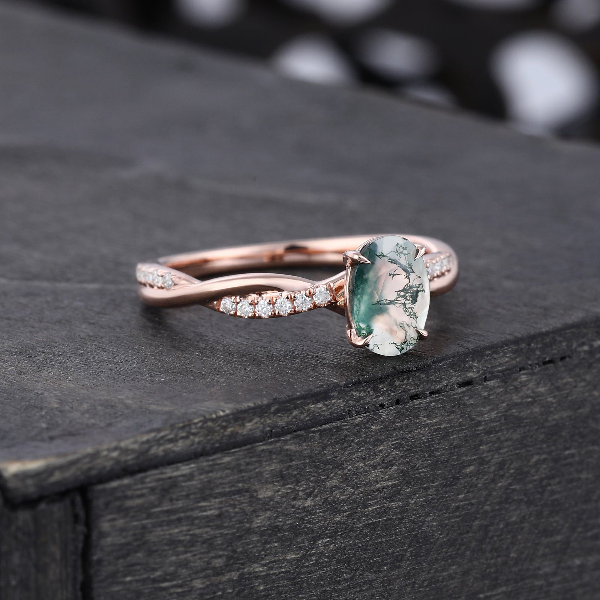 Oval Cut Moss Agate EngagementRing With Unique Crossover Shank