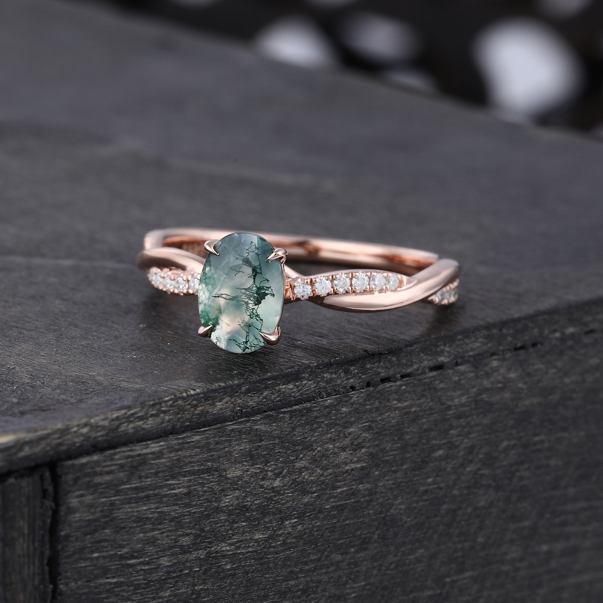 Oval Cut Moss Agate EngagementRing With Unique Crossover Shank