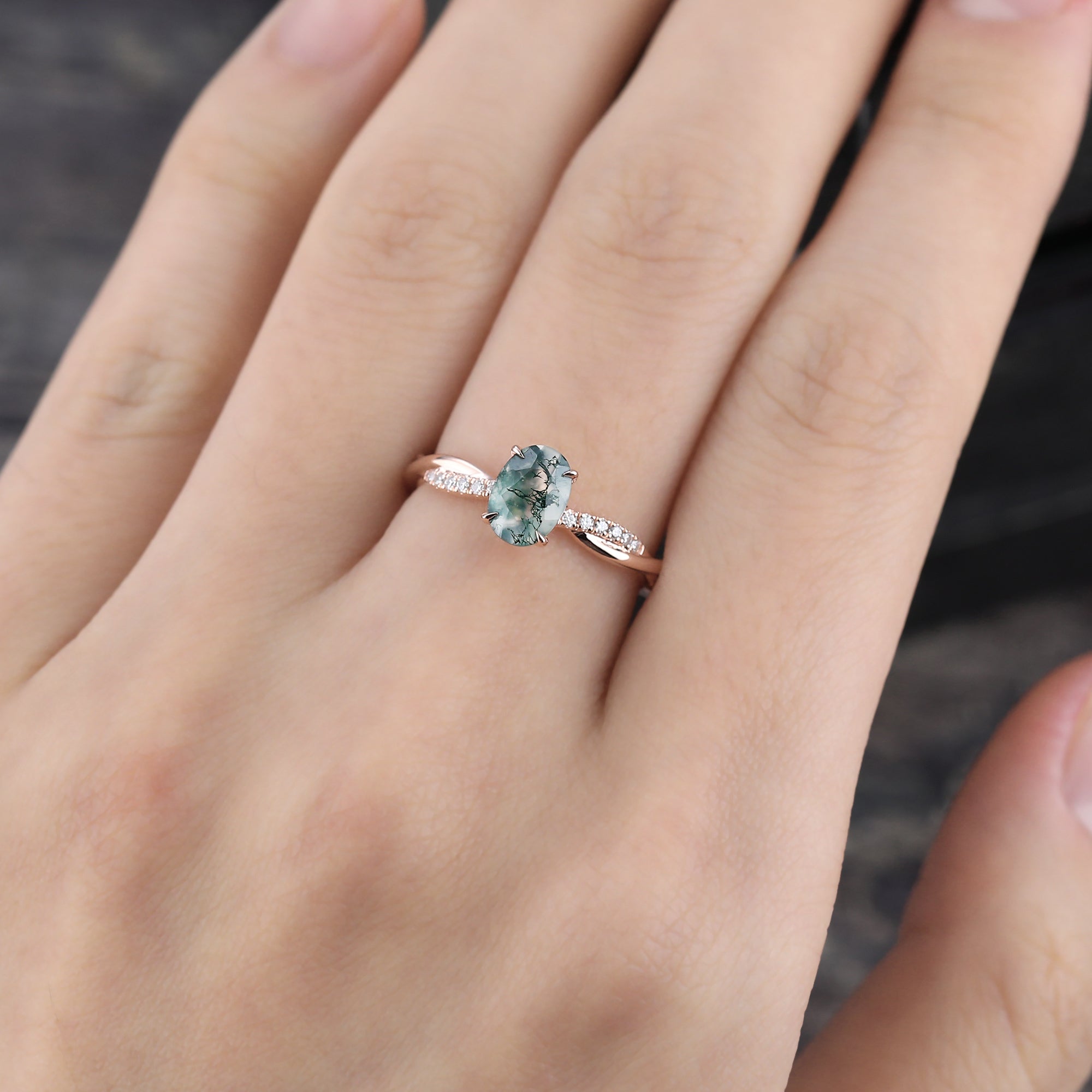 Oval Cut Moss Agate EngagementRing With Unique Crossover Shank