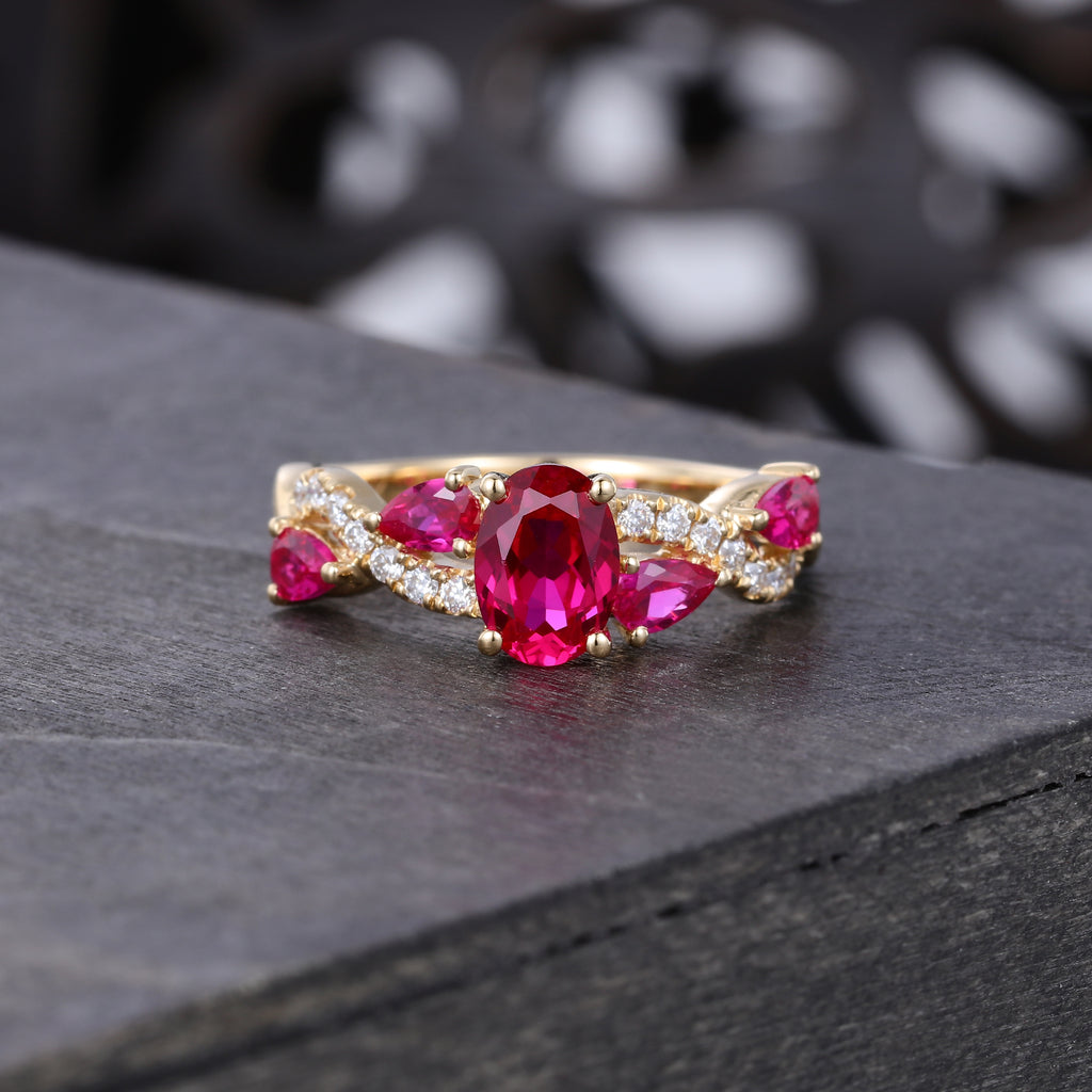 Oval Cut Ruby Pave Engagement Ring With Unique Twisted Shank
