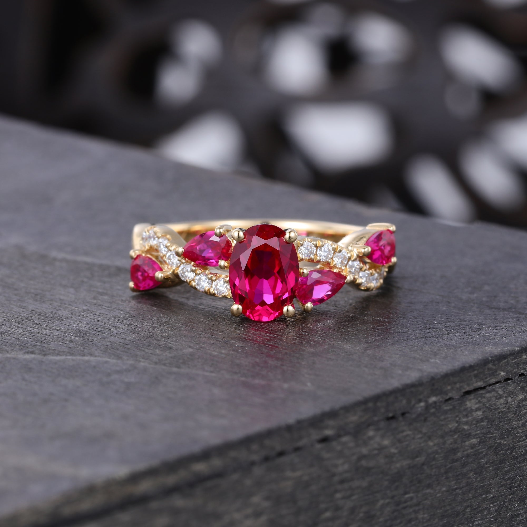 Oval Cut Ruby Pave Engagement Ring With Unique Twisted Shank