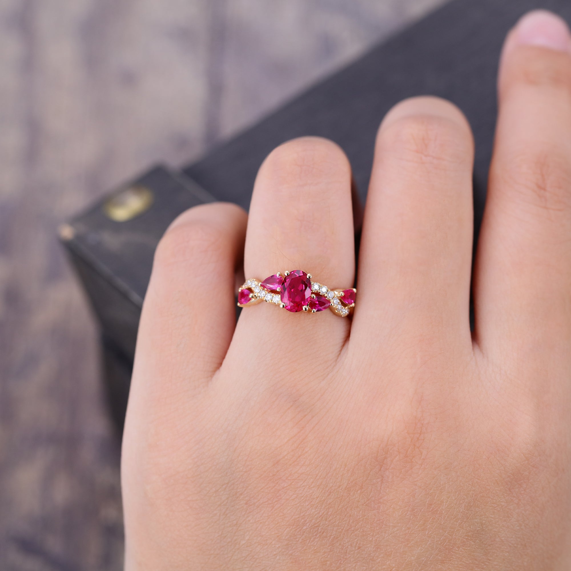 Oval Cut Ruby Pave Engagement Ring With Unique Twisted Shank