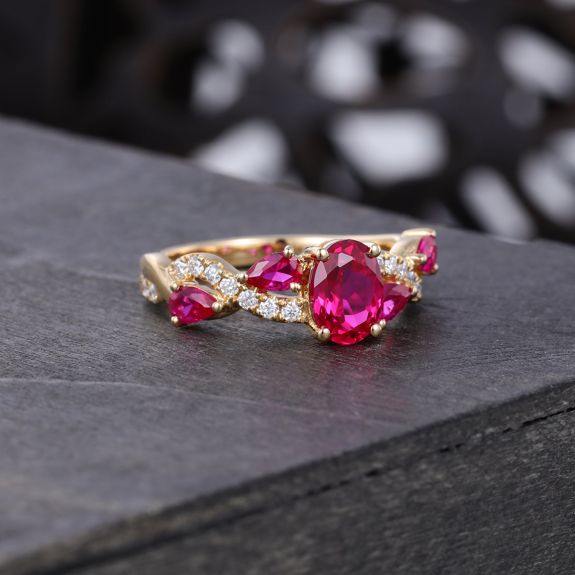 Oval Cut Ruby Pave Engagement Ring With Unique Twisted Shank