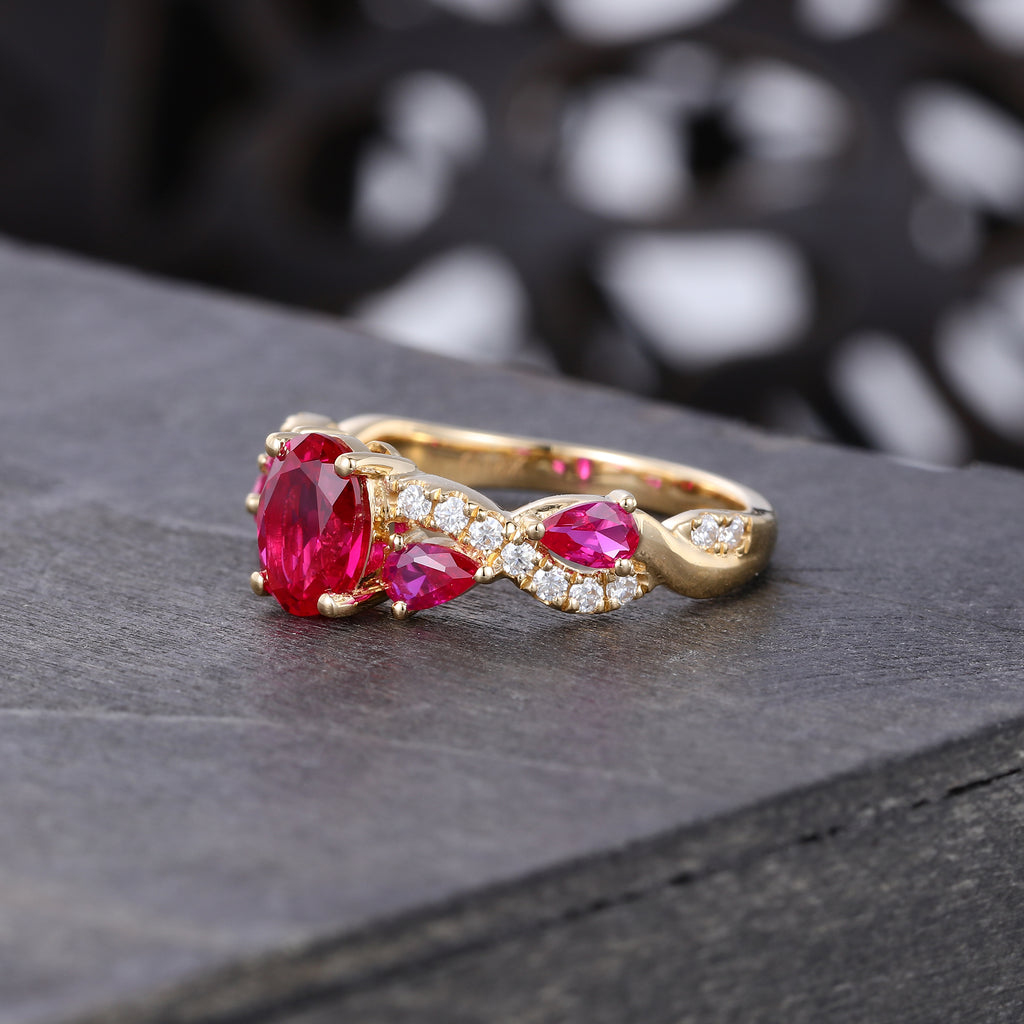 Oval Cut Ruby Pave Engagement Ring With Unique Twisted Shank