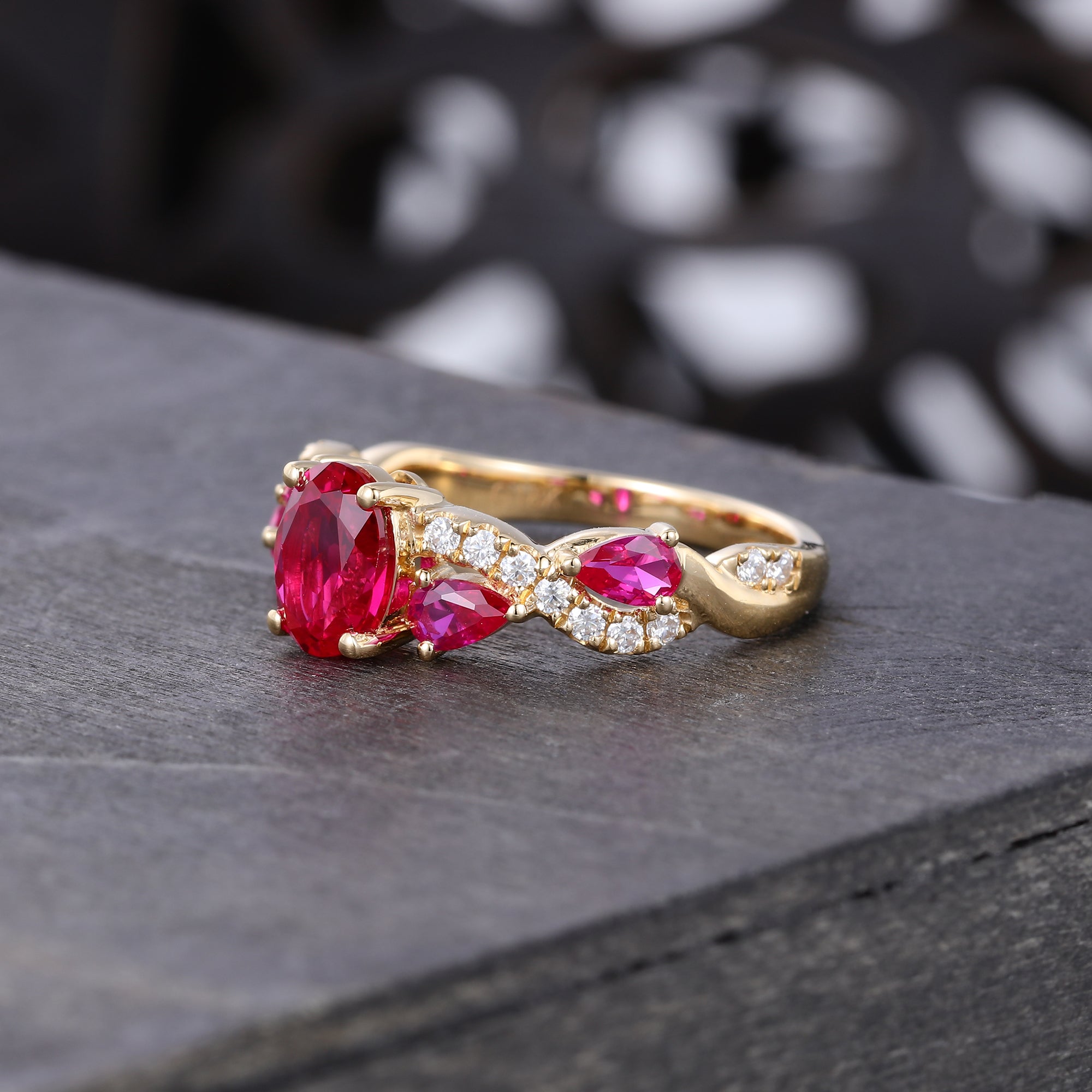 Oval Cut Ruby Pave Engagement Ring With Unique Twisted Shank