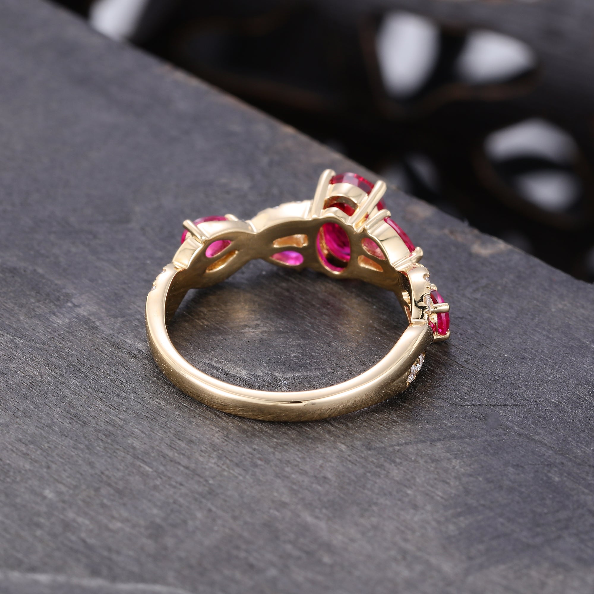 Oval Cut Ruby Pave Engagement Ring With Unique Twisted Shank