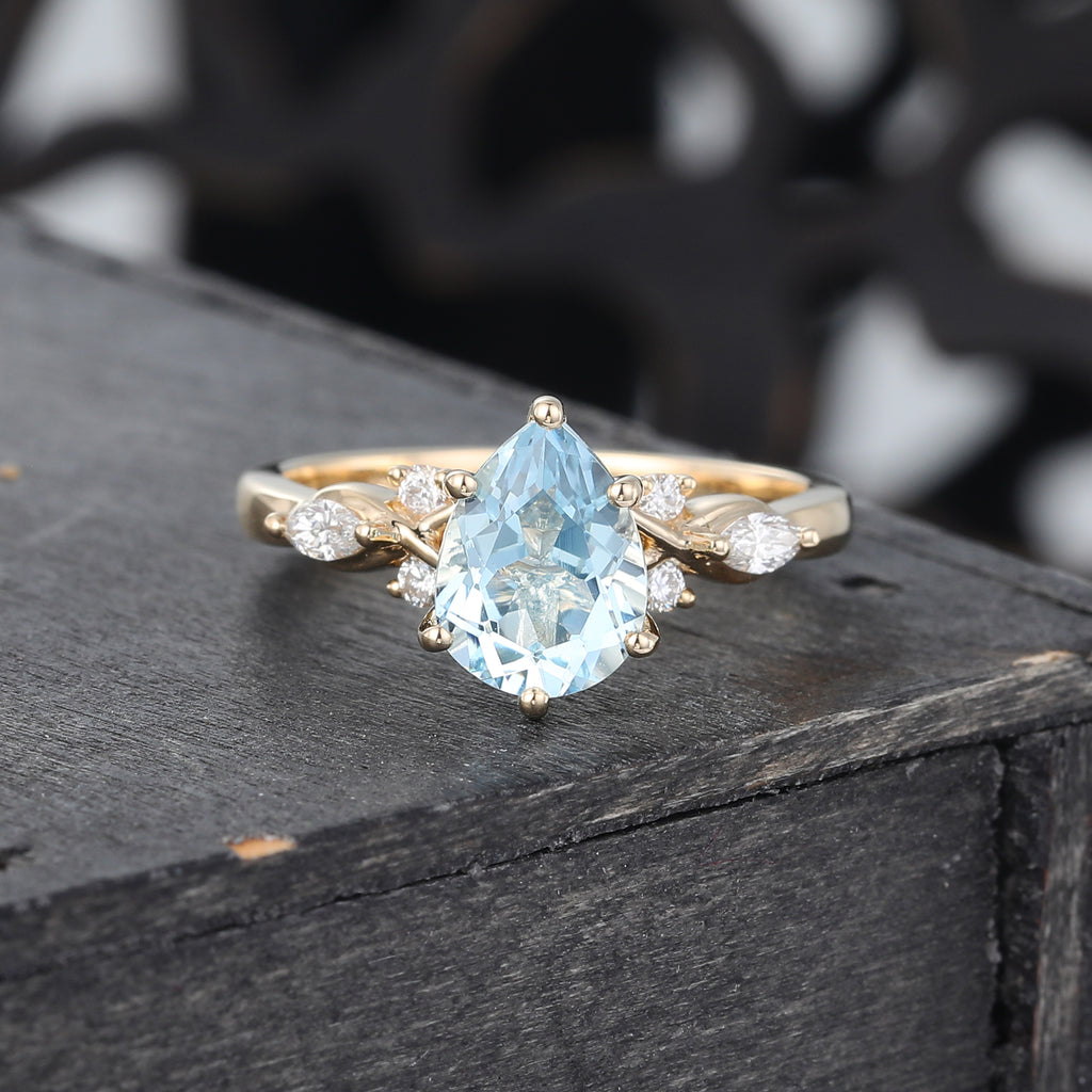 Pear Cut Aquamarine Art Deco Engagement Ring