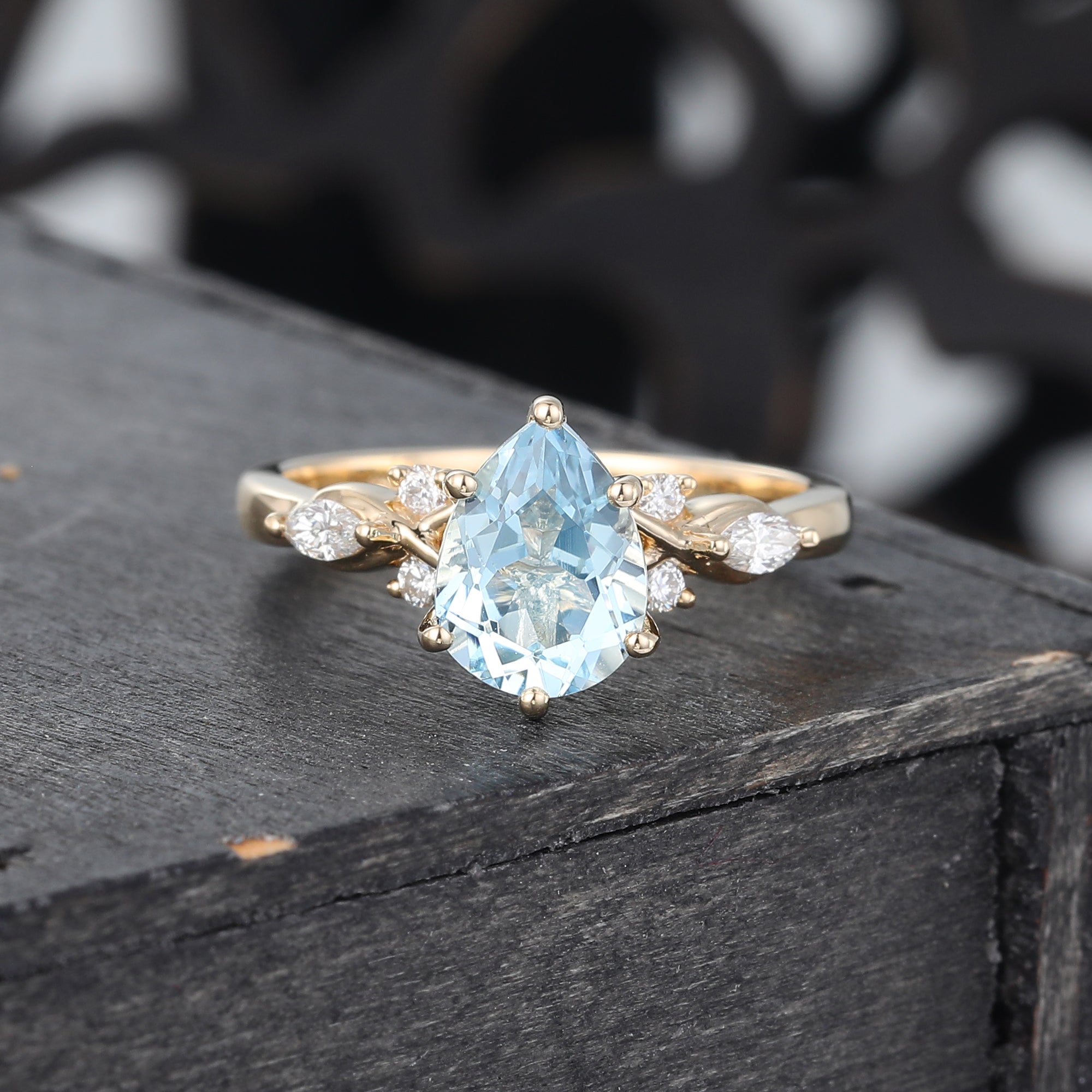 Pear Cut Aquamarine Art Deco Engagement Ring