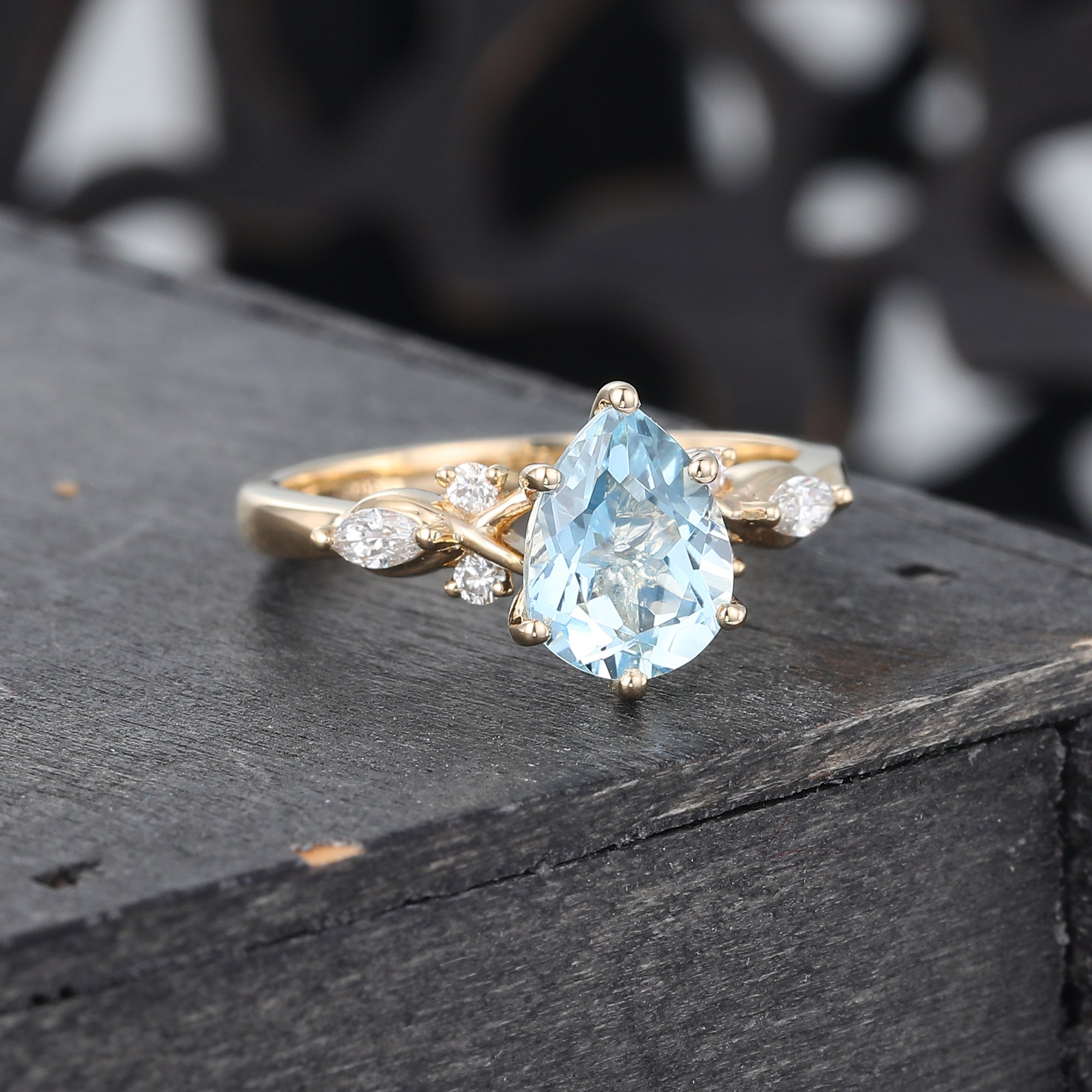 Pear Cut Aquamarine Art Deco Engagement Ring