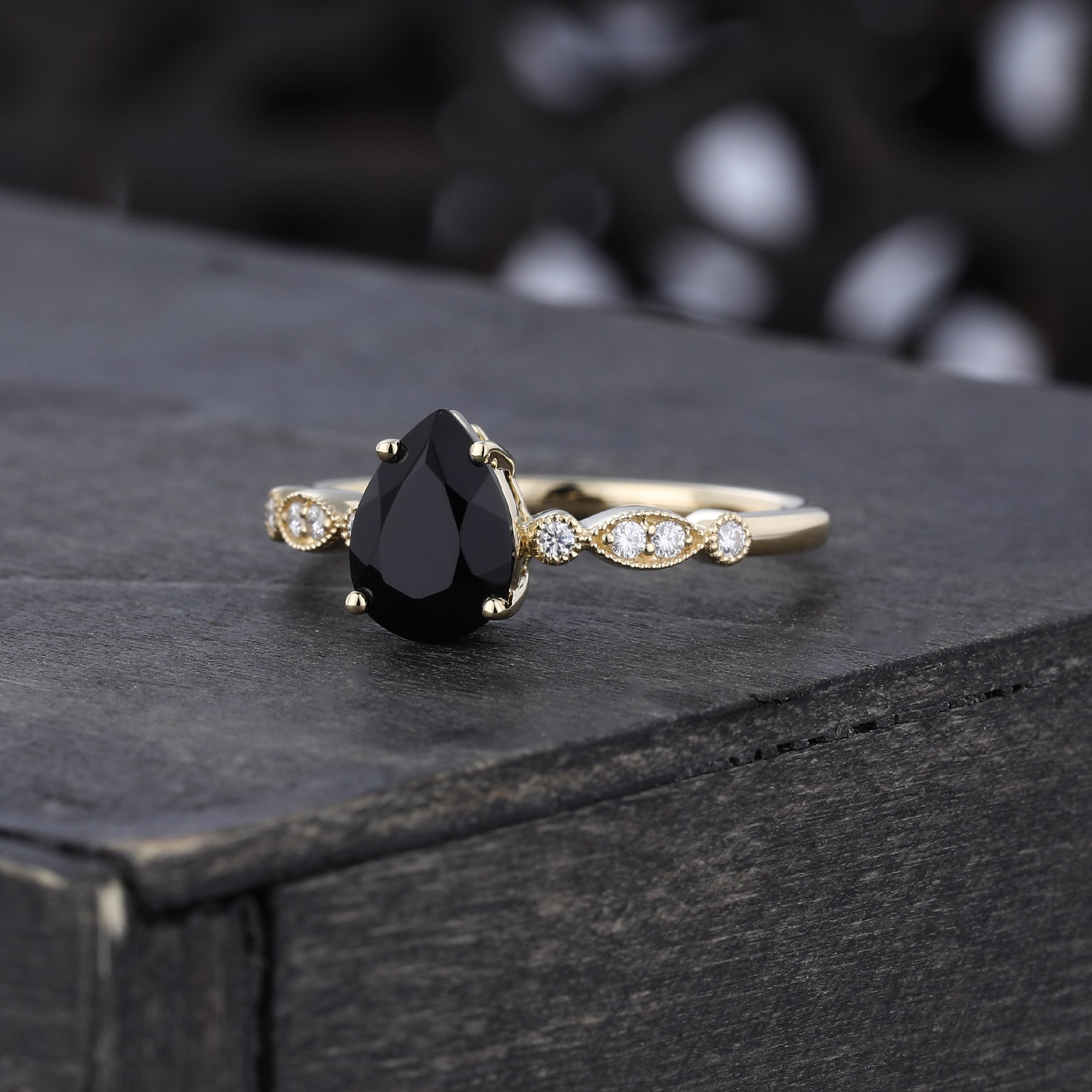 Pear Cut Black Onyx Engagement Ring Milgrain Detailing Promise Ring