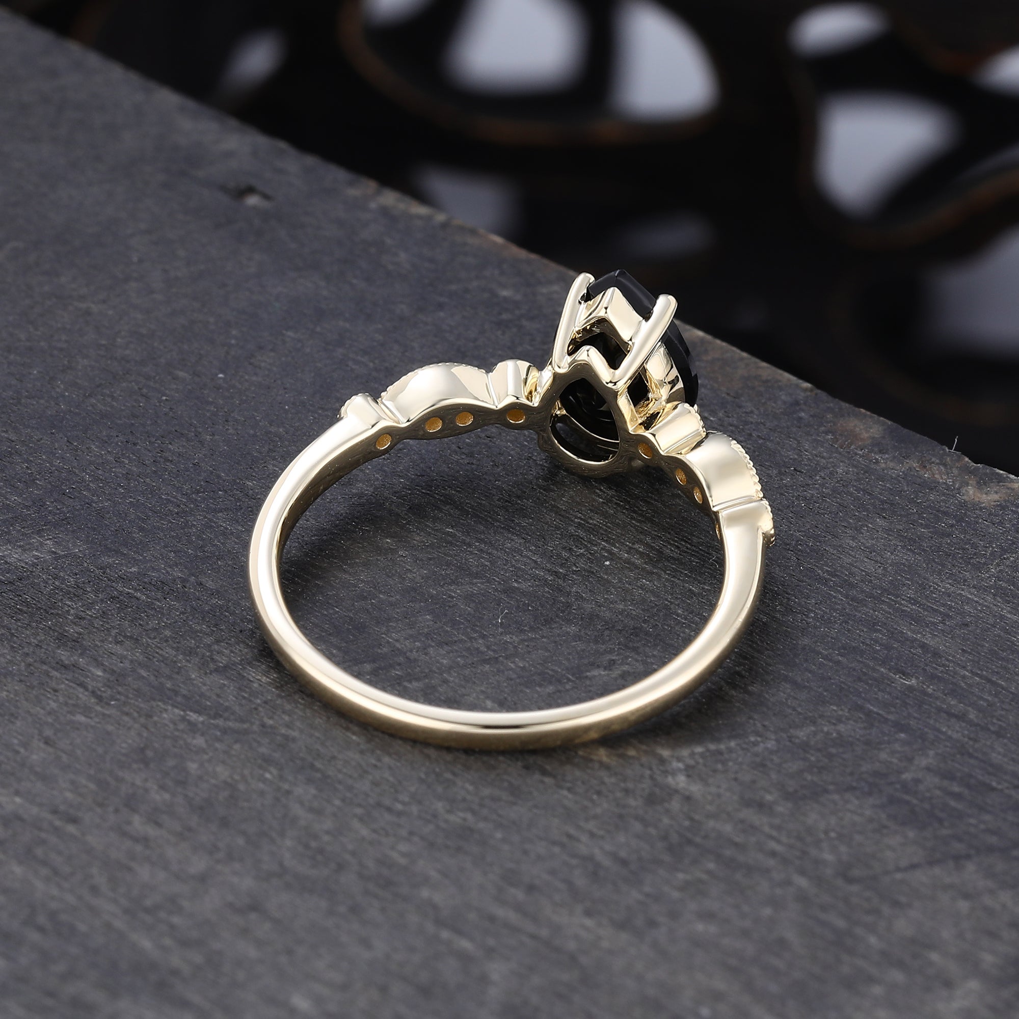 Pear Cut Black Onyx Engagement Ring Milgrain Detailing Promise Ring