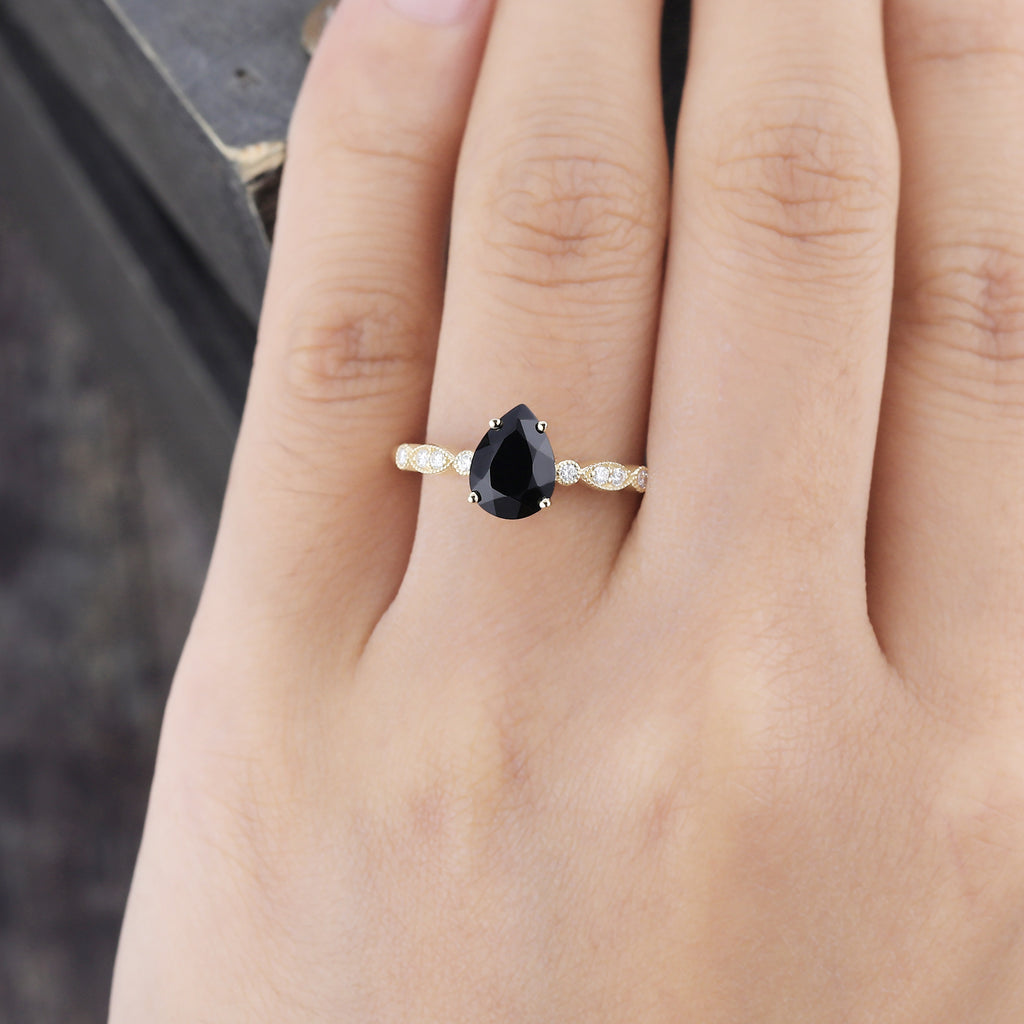 Pear Cut Black Onyx Engagement Ring Milgrain Detailing Promise Ring