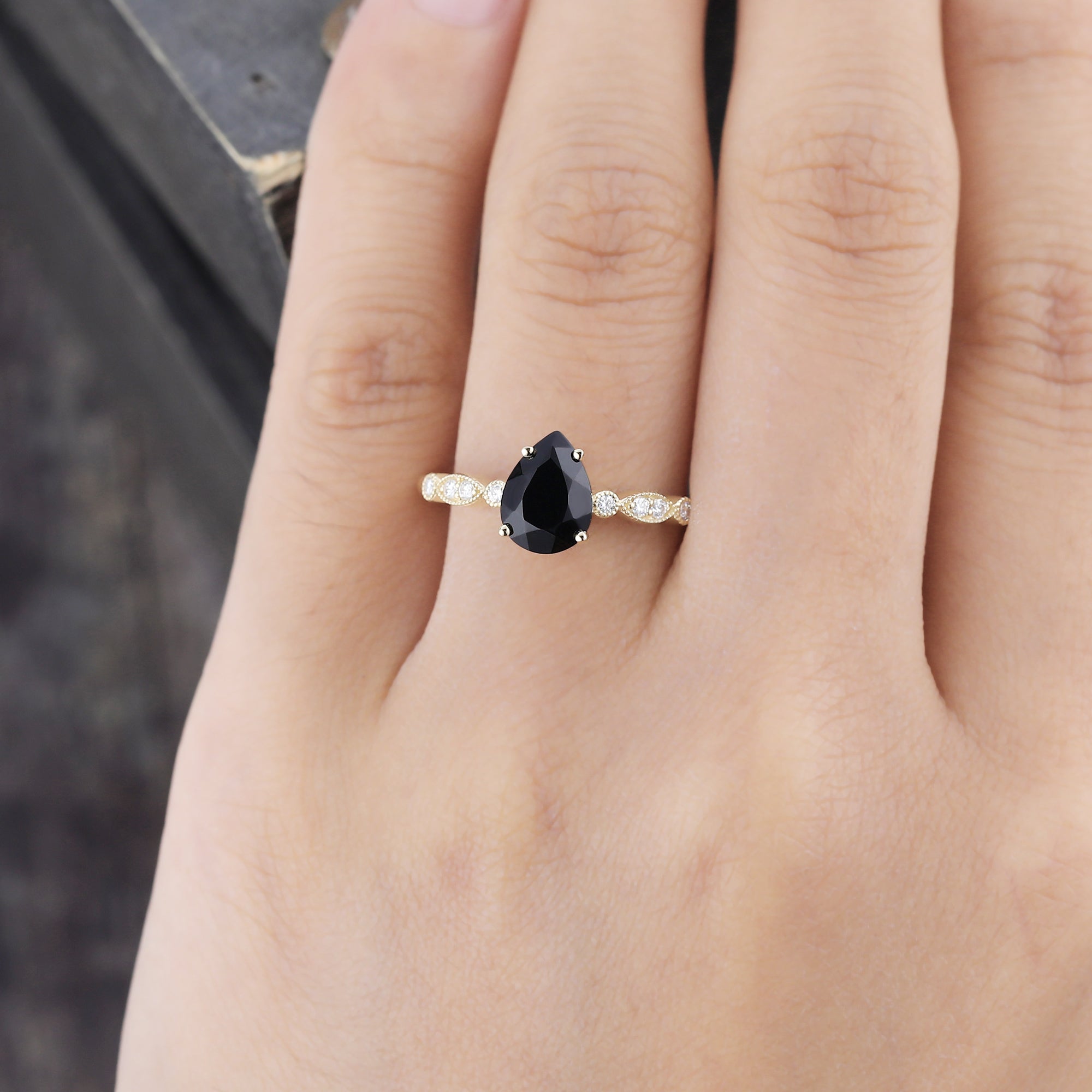 Pear Cut Black Onyx Engagement Ring Milgrain Detailing Promise Ring