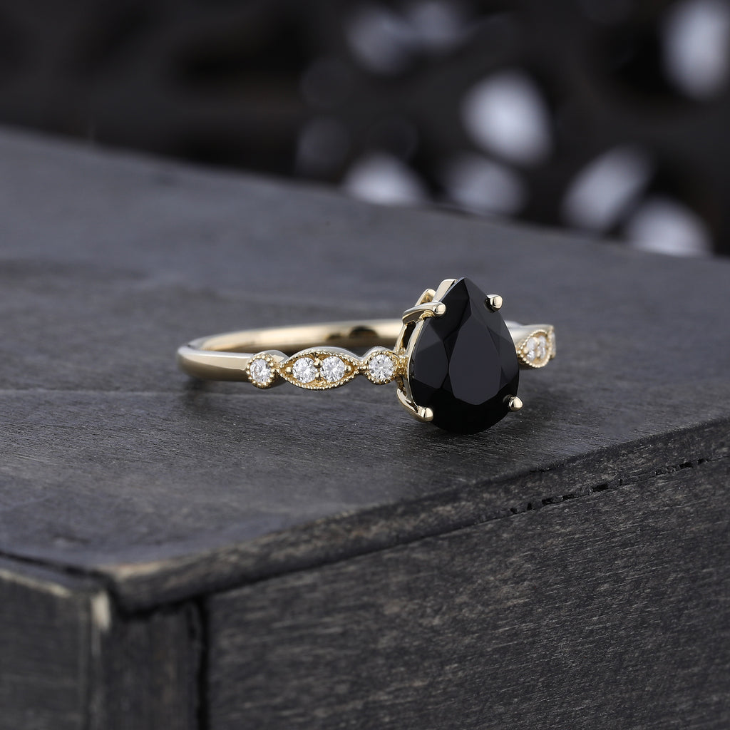 Pear Cut Black Onyx Engagement Ring Milgrain Detailing Promise Ring