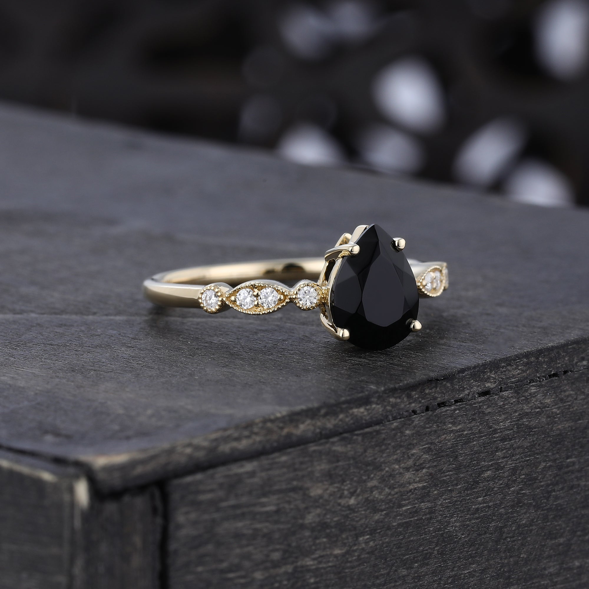 Pear Cut Black Onyx Engagement Ring Milgrain Detailing Promise Ring