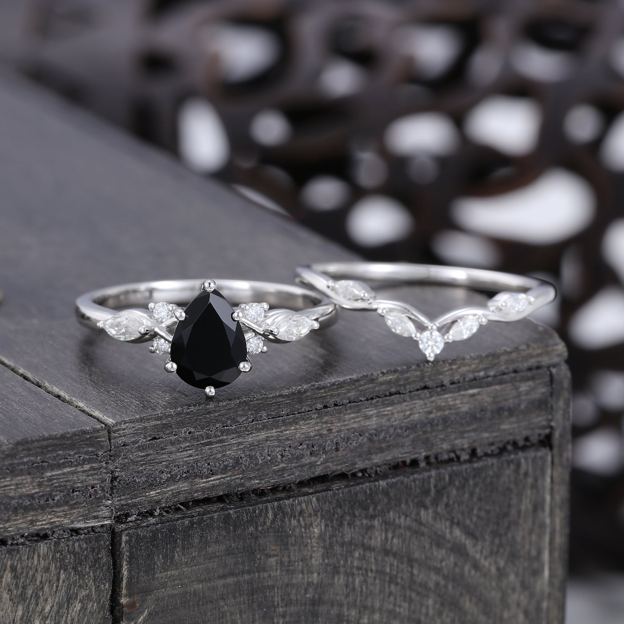 Pear Cut Black Onyx Wedding RingSet Art Deco Bridal Ring Set