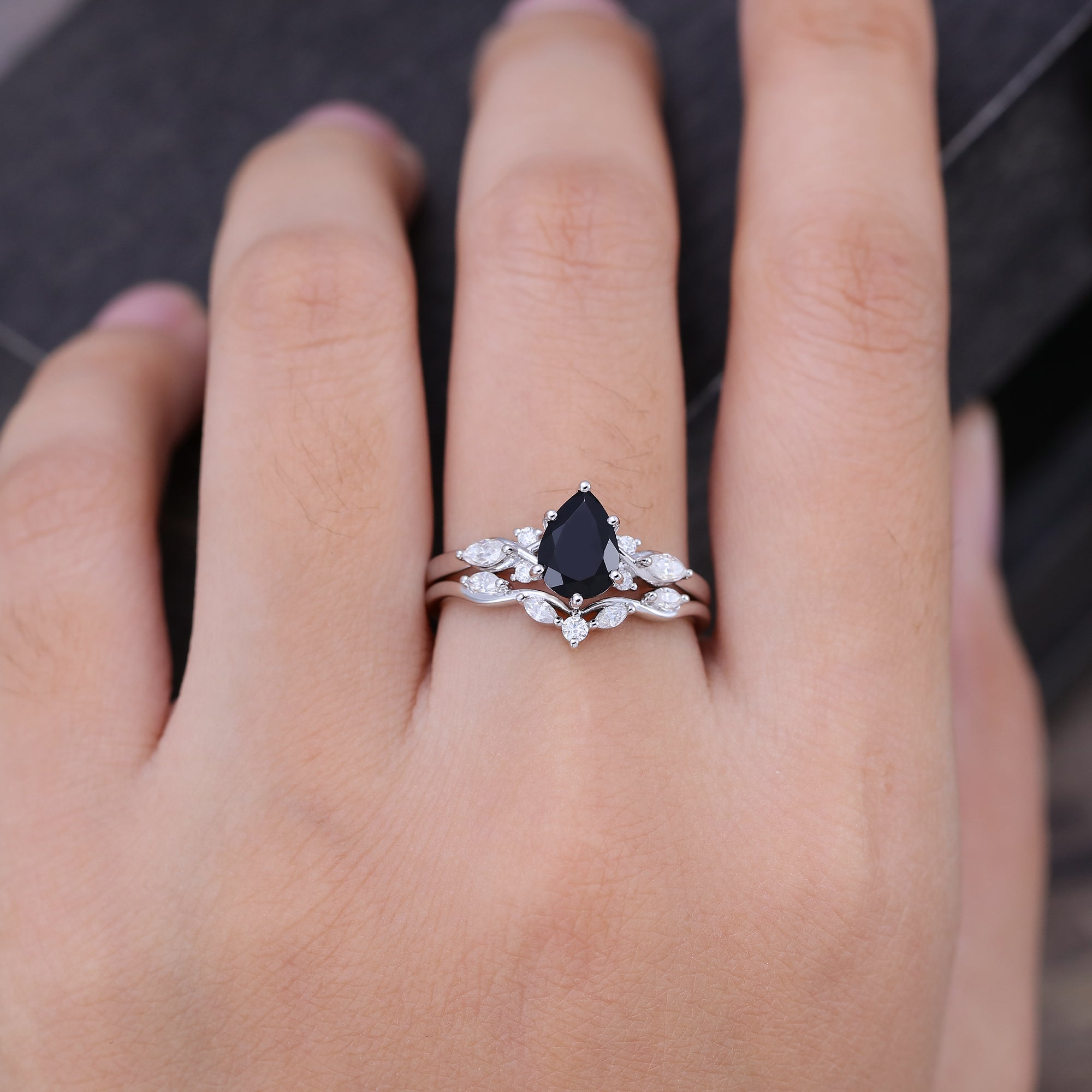Pear Cut Black Onyx Wedding RingSet Art Deco Bridal Ring Set