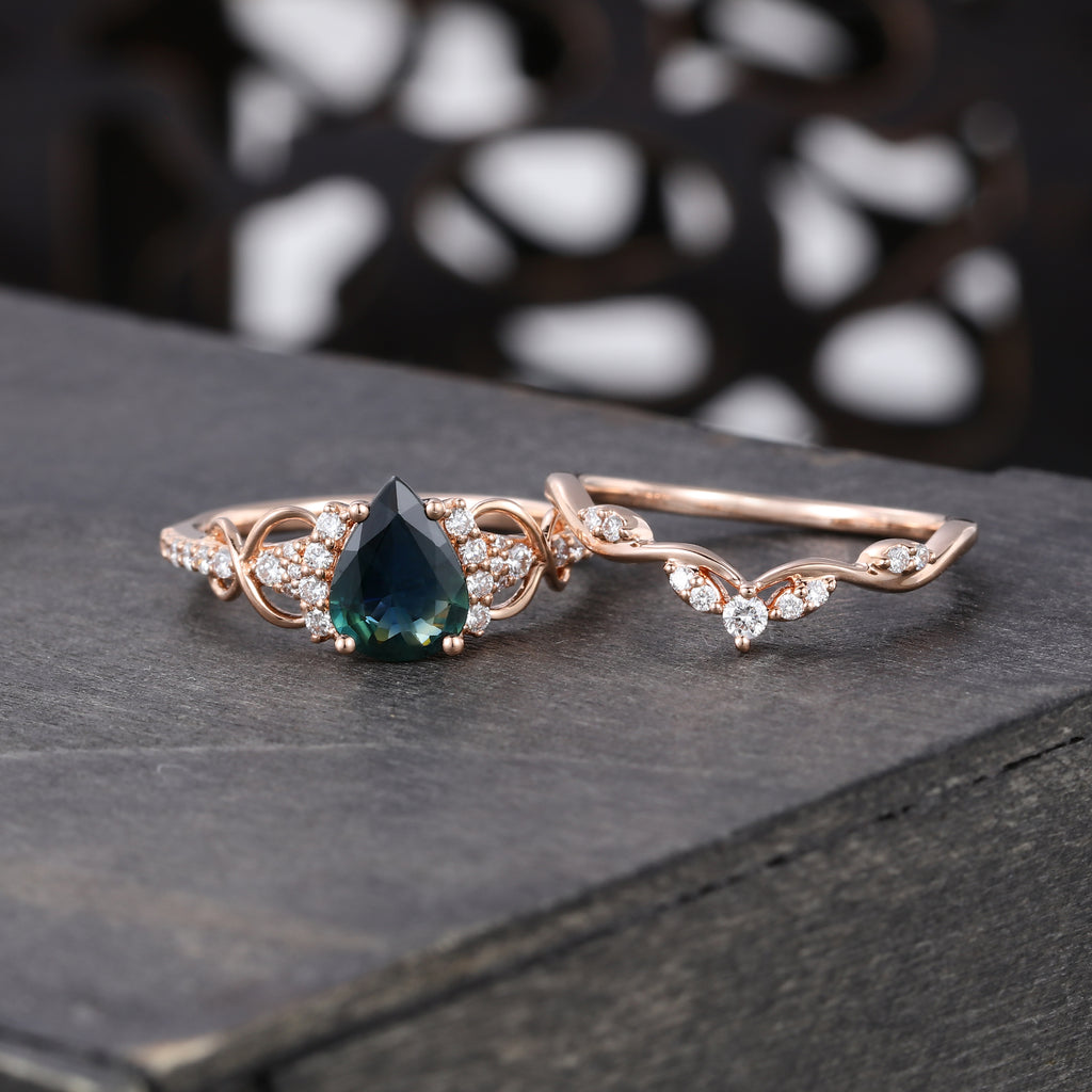 Pear Cut Green Blue Sapphire Wedding Ring Infinity Bridal Ring Set