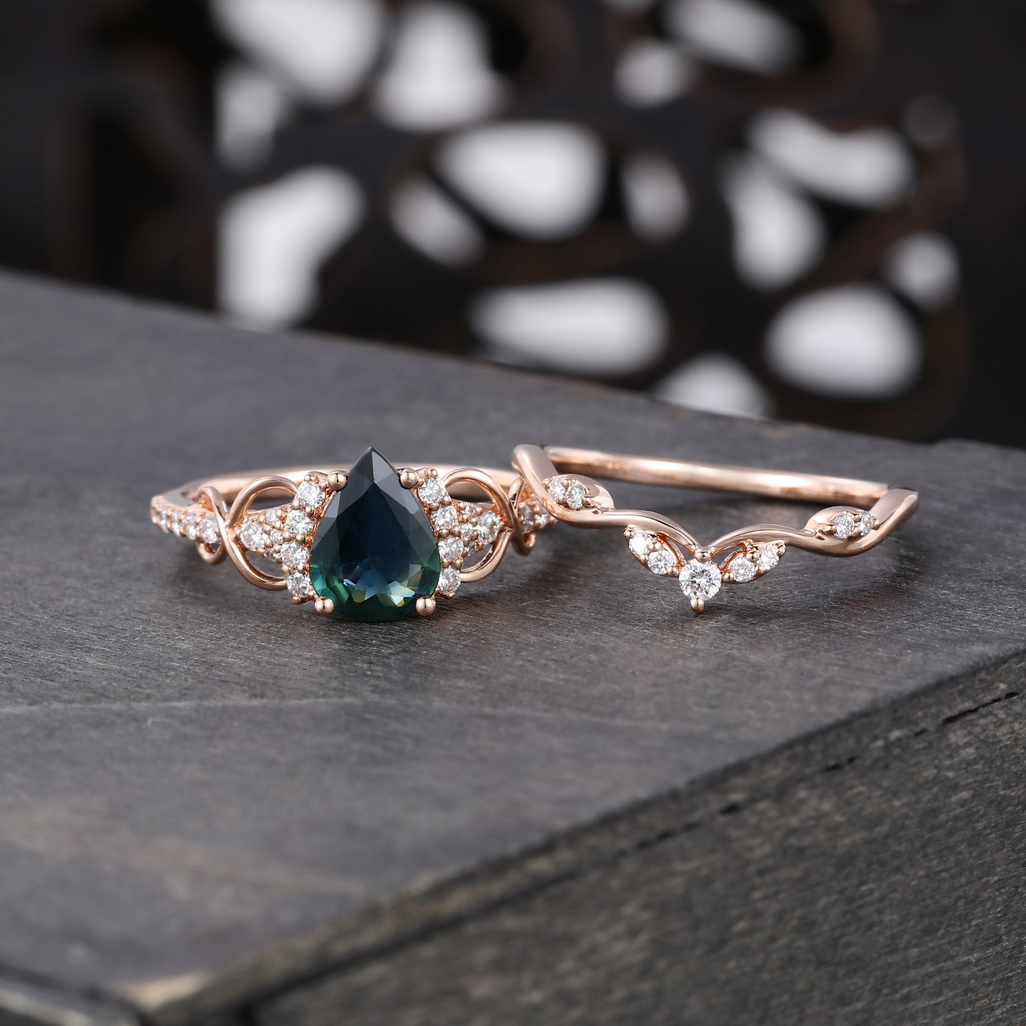 Pear Cut Green Blue Sapphire Wedding Ring Infinity Bridal Ring Set