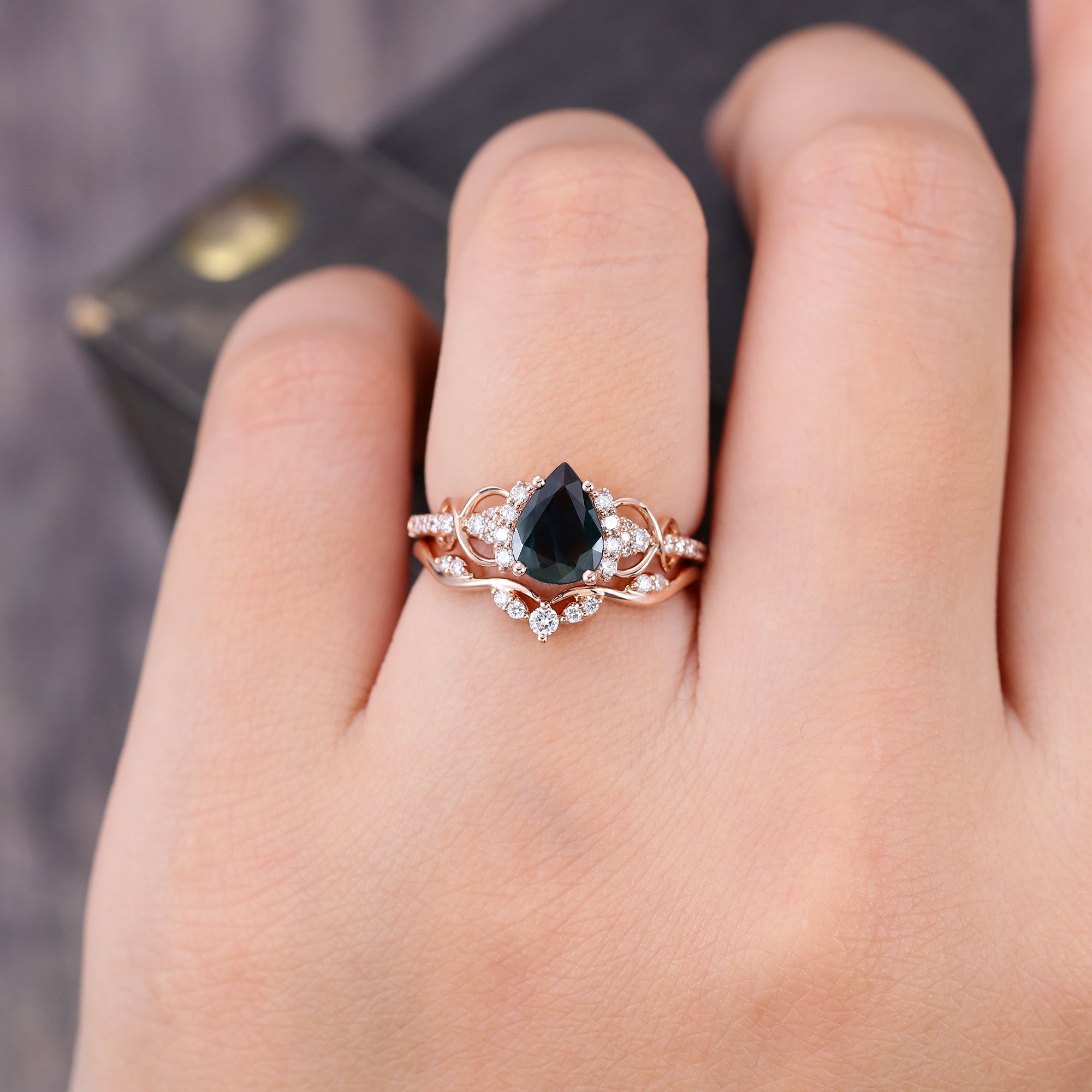 Pear Cut Green Blue Sapphire Wedding Ring Infinity Bridal Ring Set