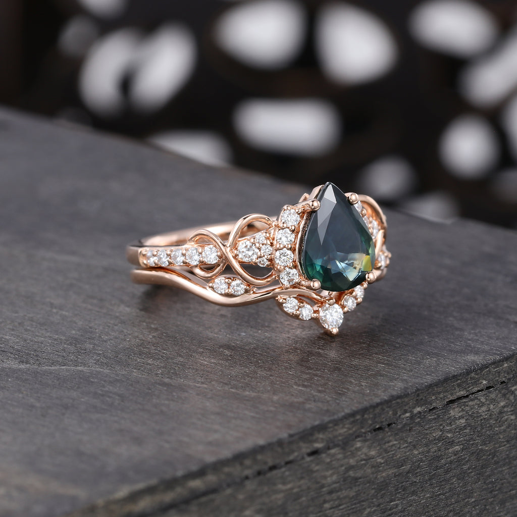 Pear Cut Green Blue Sapphire Wedding Ring Infinity Bridal Ring Set