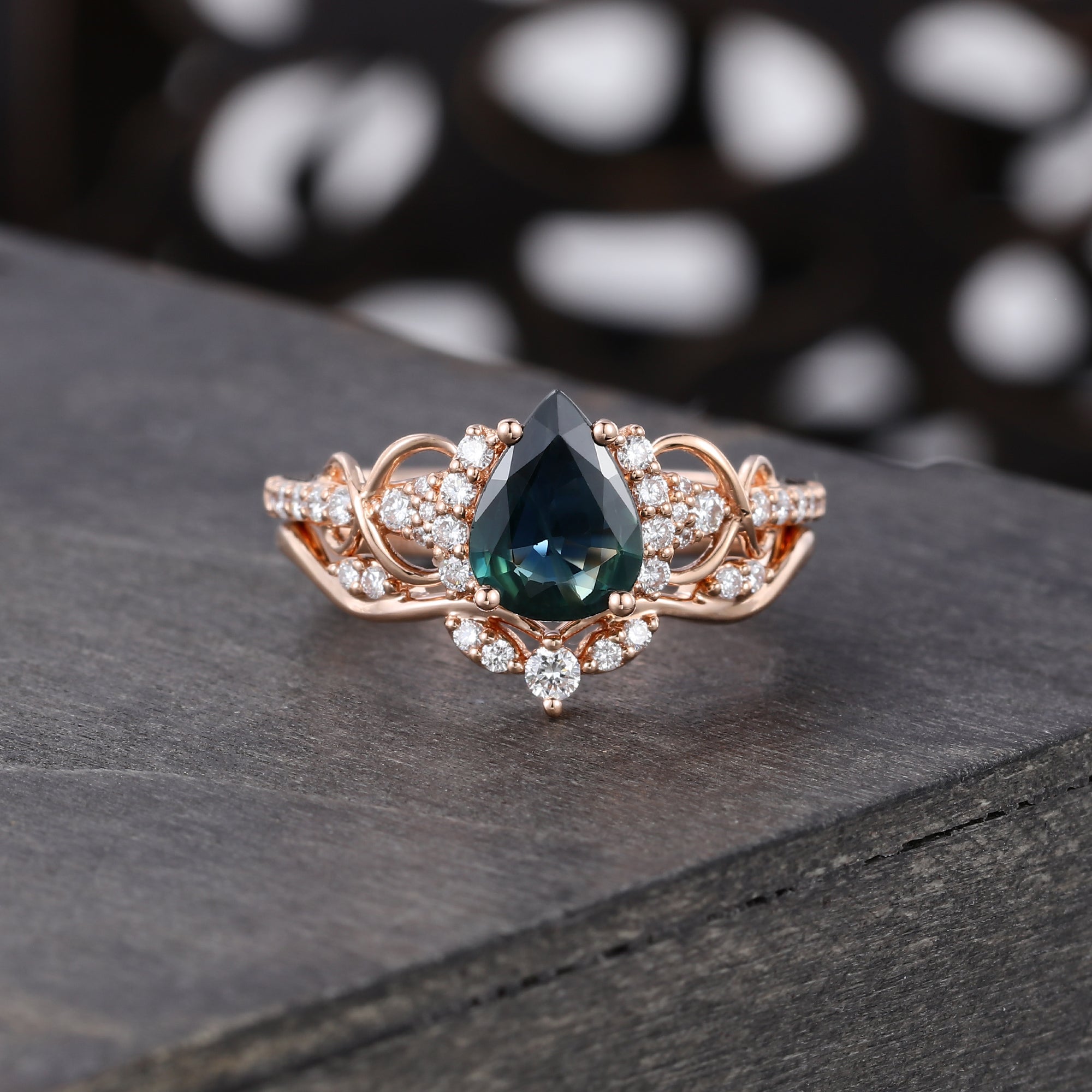 Pear Cut Green Blue Sapphire Wedding Ring Infinity Bridal Ring Set