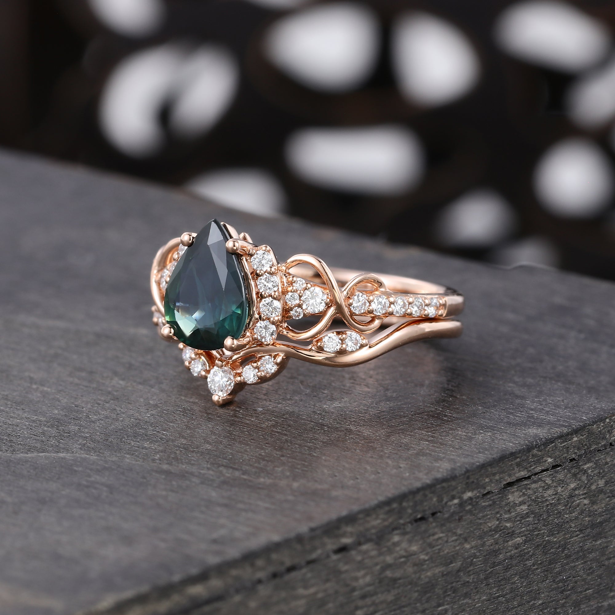Pear Cut Green Blue Sapphire Wedding Ring Infinity Bridal Ring Set