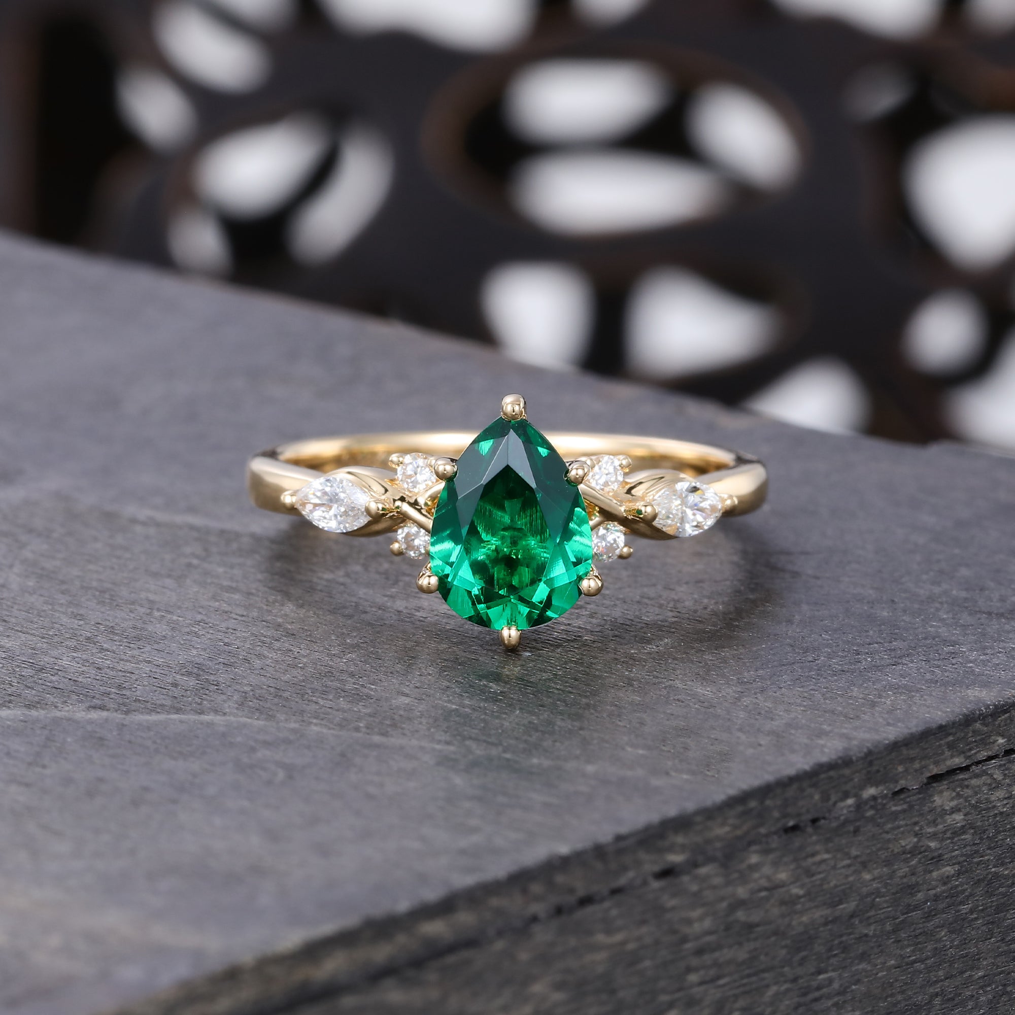 Pear Cut Lab Emerald Engagement Ring Unique Vintage Ring For Women