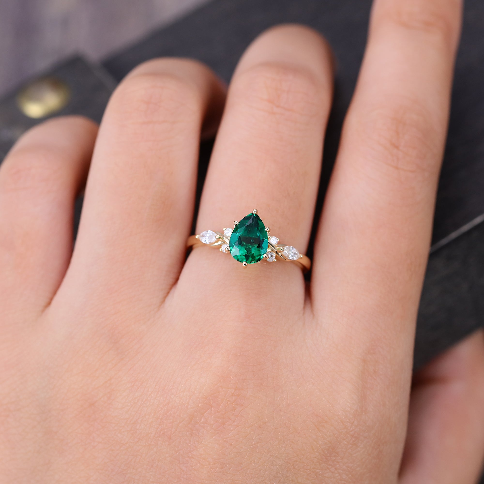 Pear Cut Lab Emerald Engagement Ring Unique Vintage Ring For Women