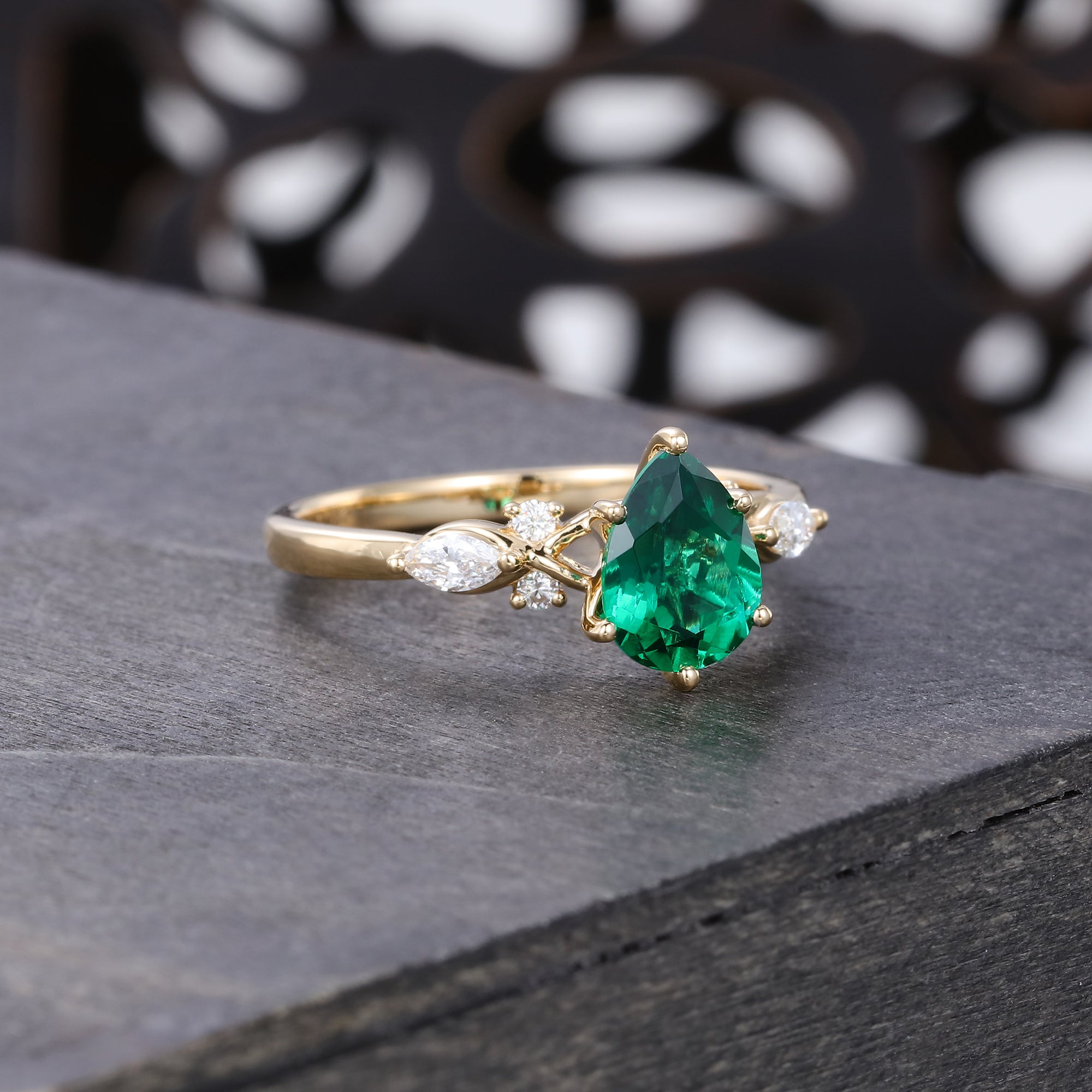Pear Cut Lab Emerald Engagement Ring Unique Vintage Ring For Women